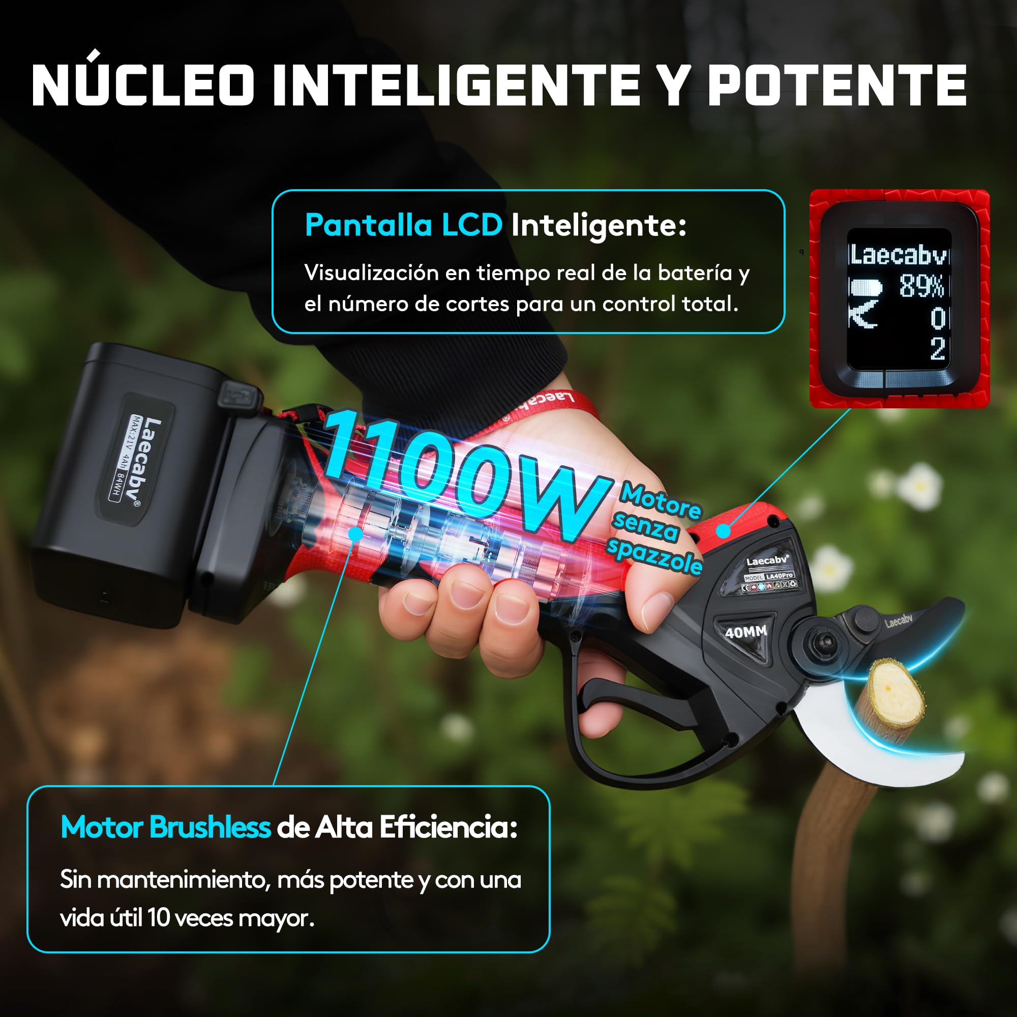 Laecabv Tijeras de Podar Eléctricas Profesionales LA40Pro, 40mm Corte Progresivo, 2x4.0Ah Baterías (12h), 2 Años de Garantía para el Cuerpo, Conector de Cintura y Pantalla LCD para Olivos y Viña