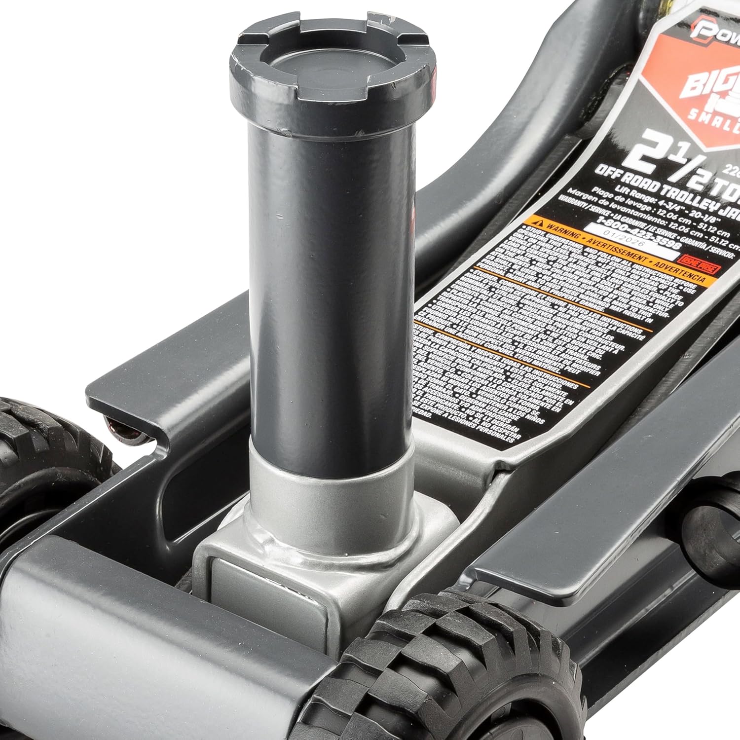 Powerbuilt Biggie Smalls 2.5-Ton Off-Road Trolley Jack with 4" Oversized Wheels, Saddle Extension, Integrated Handle Storage, Portable Design for SUVs, Trucks, and Off-Road Vehicles 620683ECE