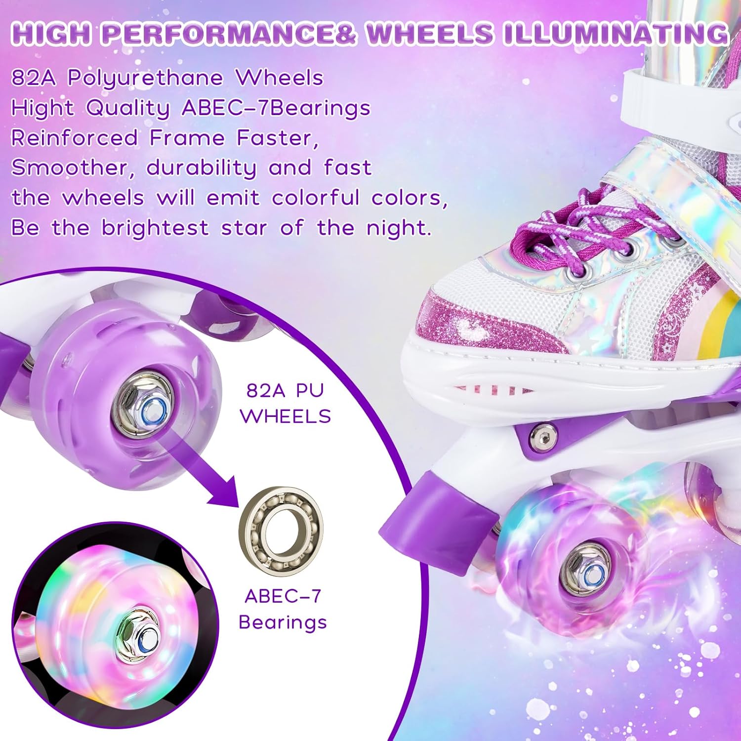 Kids Roller Skates for Girls and Boys, 4 Size Adjustable Rainbow Girls Skates with Light Up Wheels, Toddler Skates for Boys, Beginner Kids Roller Skates Indoor Outdoor