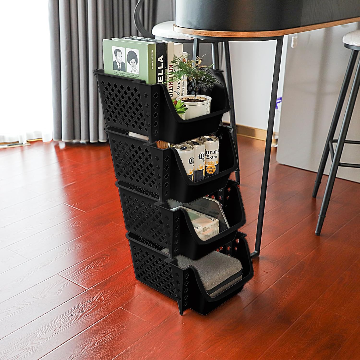 Titan Mall Plastic Stackable Storage Bins 4 Pack, Stacking Bins Open Front for Kicthen, Garage and Bathroom, Pantry Organizer and Storage Basket Black for Fruit, Vegetable, Snack(Made In USA)