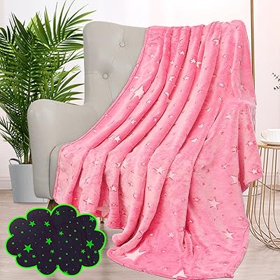Glow in The Dark Blanket for Kids Unique Birthday Gifts for Girls Boys Teens Soft Cozy Warm Fuzzy Cute Throw Blanket All Seasons Pink Glowing Stars Blankets