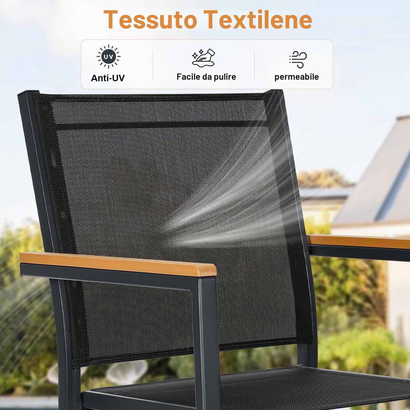 LIFERUN Sedie Da Giardino set da 4, Sedia impilabile per sala da pranzo in alluminio, Corrimano in WPC, Sedie Da Esterno Per Esterni, per terrazza, balcone, terrazza, piscina, ristorante, Nero