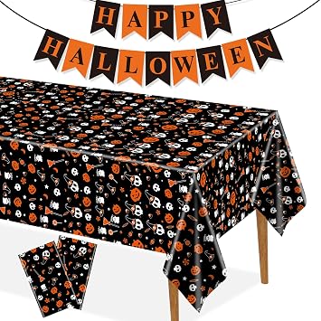 Halloween Tablecloth 2Pack 54in x108in Disposable Plastic Table Cover Pumpkin Witch Party Black Table Covers,Colorful Halloween Flag- Home Indoor Outdoor Parties Decoration
