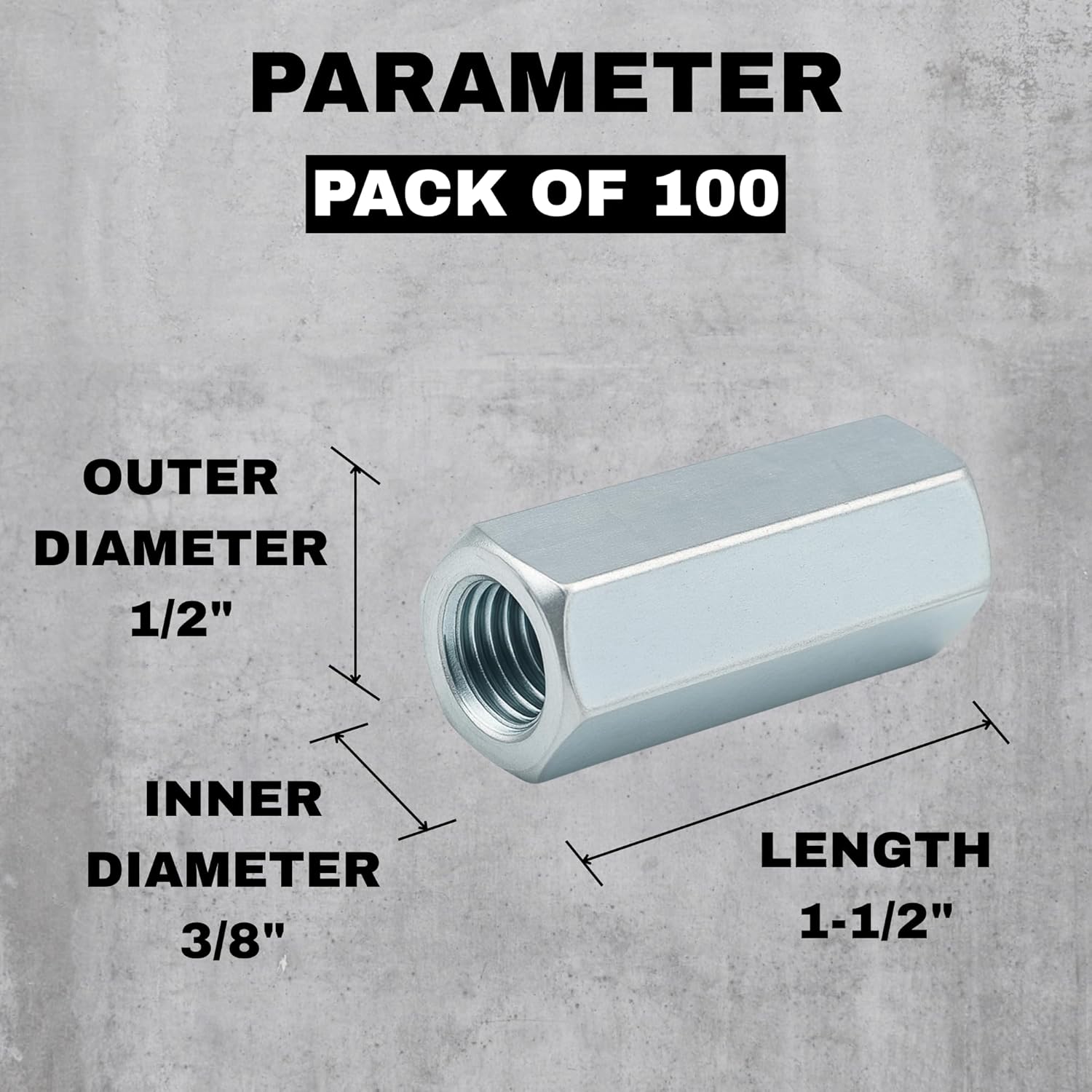 Party Animals 3/8-16 Threaded Rod Coupler Nut, 100 PCs 1-1/2" Length – Zinc-Plated Carbon Steel Hex Extension Fastener