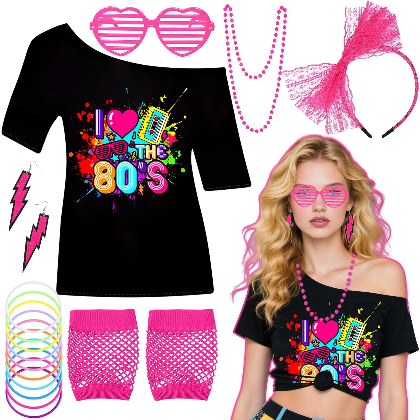 Wynlora 7Pcs 80s Costume Accessories Set, Ladies 1980s Fancy Dress with T-Shirt Fishnet Gloves Headband Lightning Earrings Bracelet Heart Glasses Retro Outfit for Woman Girls 90s Theme Party(XXL)