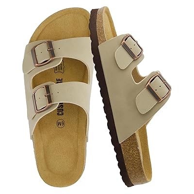 CUSHIONAIRE Lane Cork Footbed Sandals for Women – Comfortable Double Buckle Slip-On with Genuine Suede Footbed & Arch Support Slides for Women Footwear