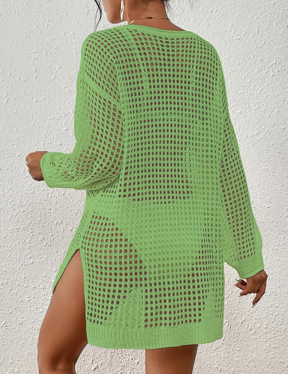 Bsubseach Crochet Cover Up for Swimwear Women Pool Swimsuit Coverup Long Sleeve Beach Knit Tops: Grass Green