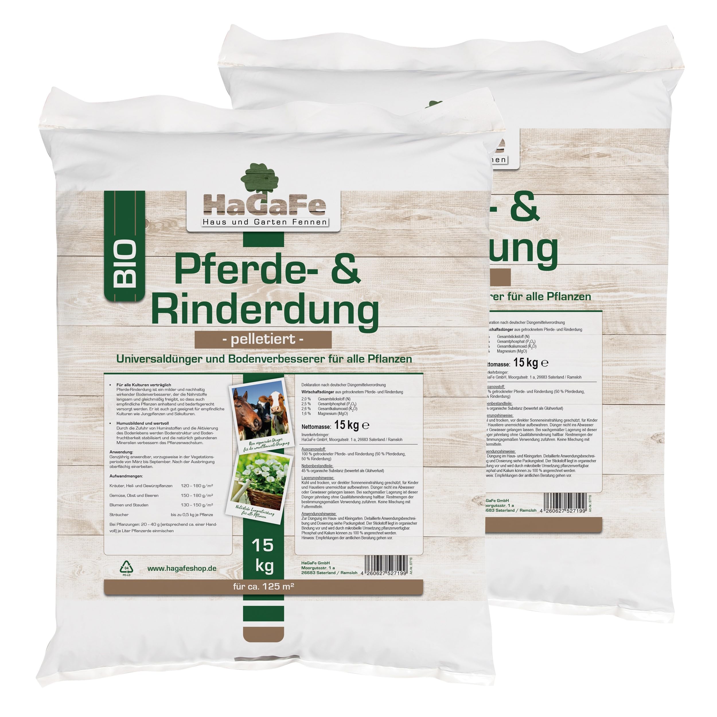 HaGaFe Pferdedung Pferdemist Rinderdung Kuhmist Universaldünger Dünger, 30kg (2x15)