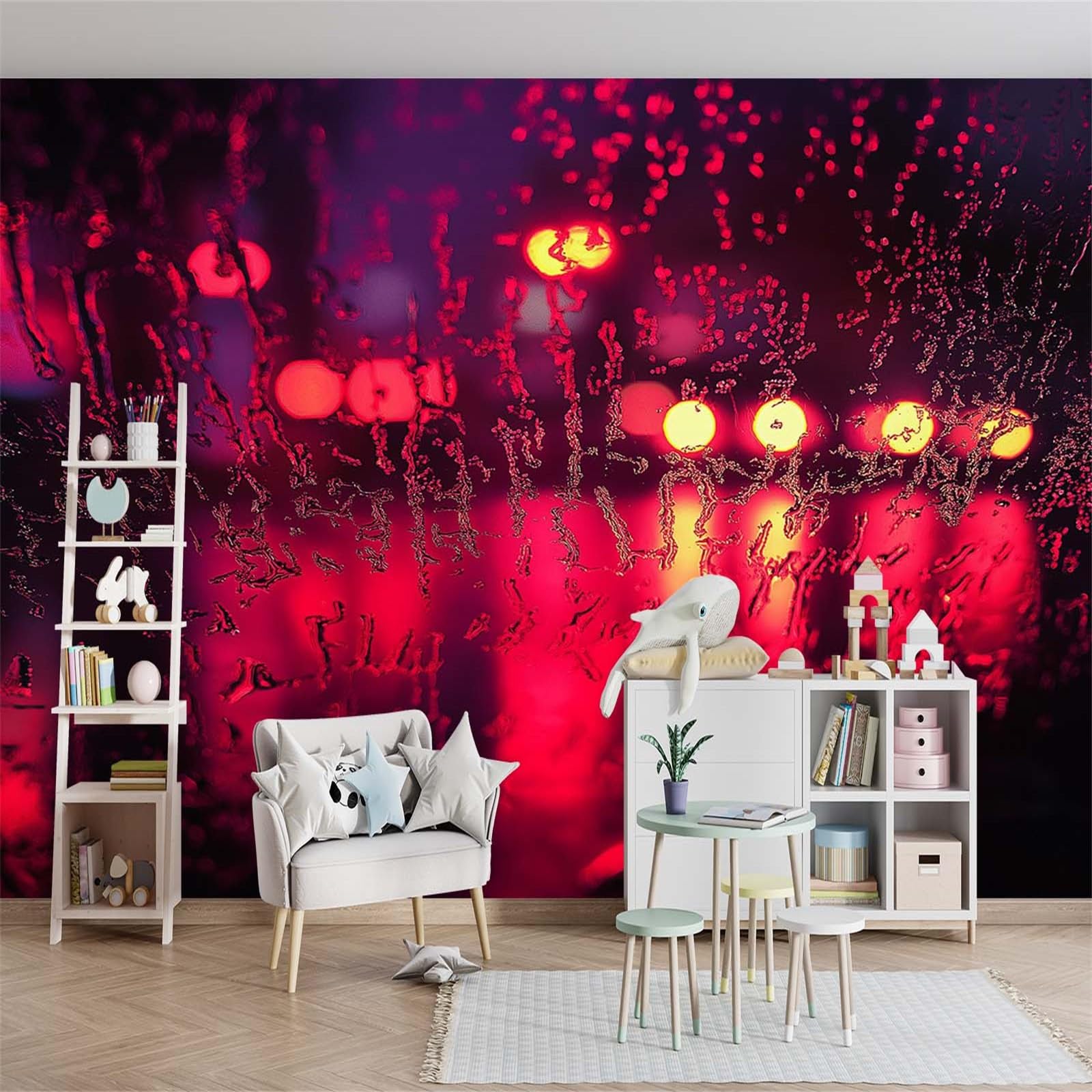 Papel Pintado Efecto Lluvia de Cristal en luz roja, 250 x 175 cm. Ideal para decoración de salón, Dormitorio y Cocina.
