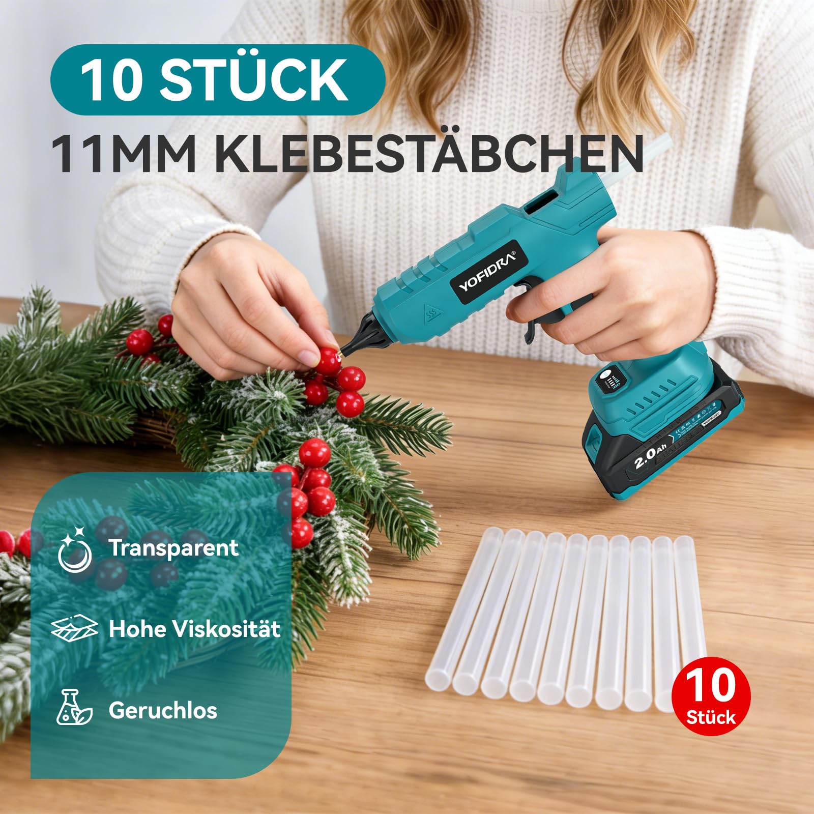 Yofidra 100W Akku Heißklebepistole Kabellos - Heissklebepistole mit 10 Klebesticks(11mm), 2 2.0Ah Akku und und Ladegerät, Schnell Aufheizung, Ideal für DIY, Reparaturen und Basteln, Blau