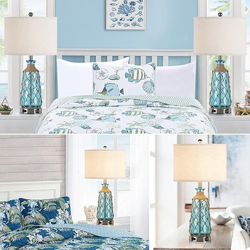 Miniatura 5 de Juego de 2 lámparas de mesa de cristal costero de 25.5 pulgadas, regulables de 3 vías, control táctil, con 2 puertos USB y salida de CA, lámparas