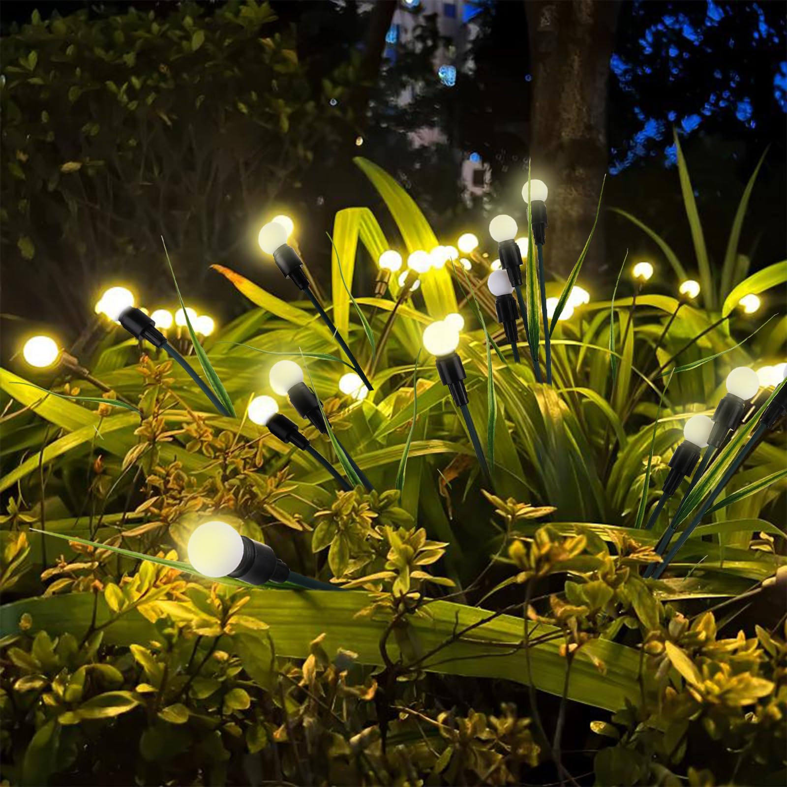Firefly Solar Lights Outdoor Garden, 2 Pack 8 LED Swaying Starburst Garden Lights Solar Powered Waterproof, 2 Modes Warm-White Lighting Decorations for Party Lawn Yard Pathway Fence Landscape Garden