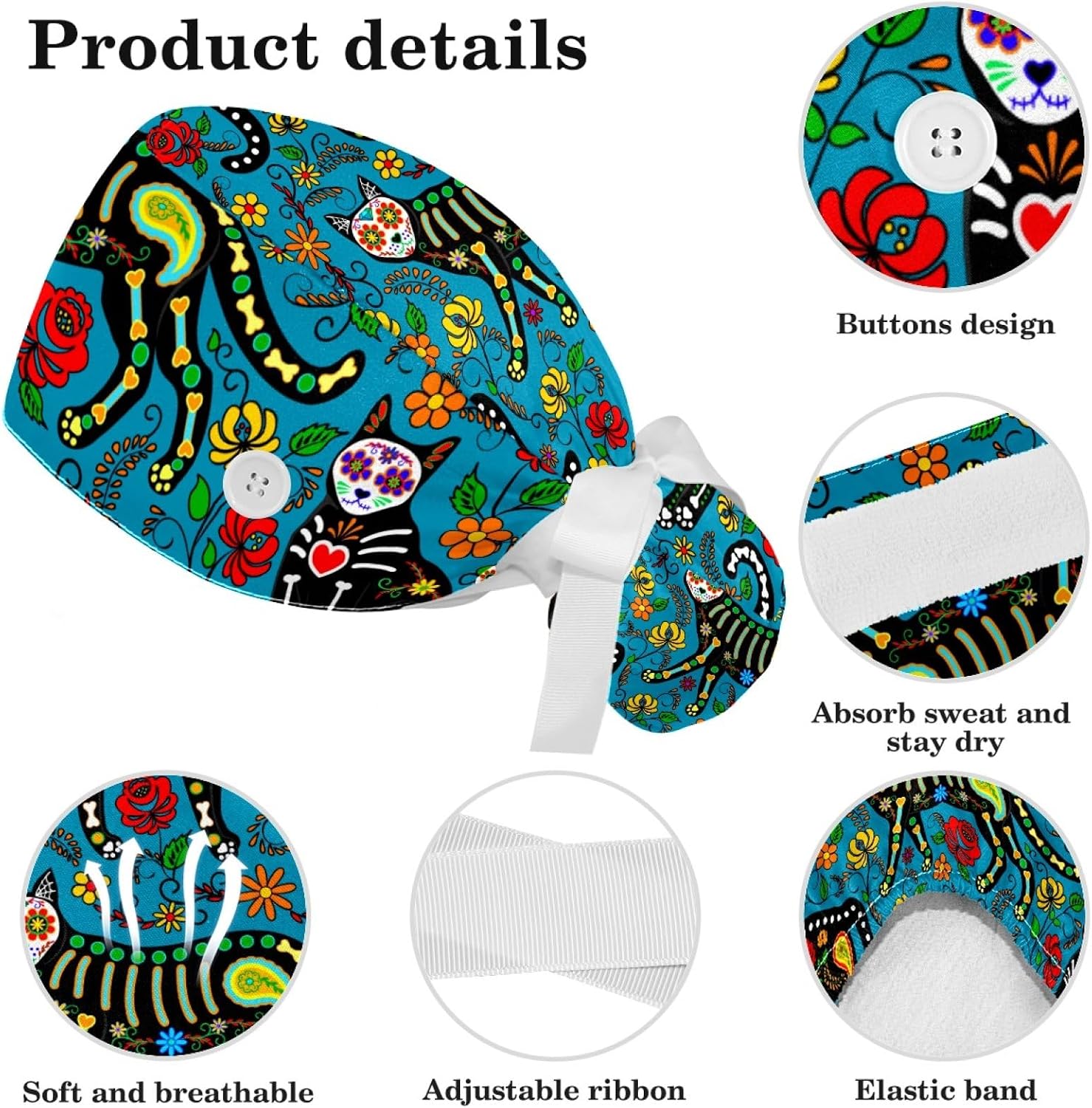 Sugar Skull Black Cats Scrub Cap, Adjustable Tie Back Hat, One Size Working Head Cover for Women Long Hair for Woman