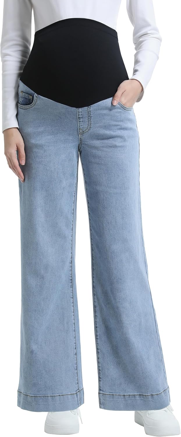 Women's Maternity Jeans Wide Leg Over The Belly Support Stretch Pregnancy Denim Loose Wide Pants with Pockets - Image 2