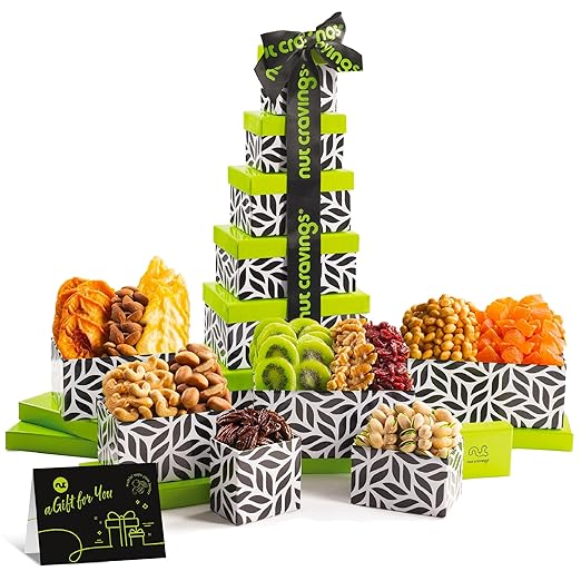 NUT CRAVINGS - Dried Fruit & Mixed Nuts Gift Basket Leaf Tower + Ribbon (12 Assortments) Food Arrangement, Healthy Snack Care Package, Kosher