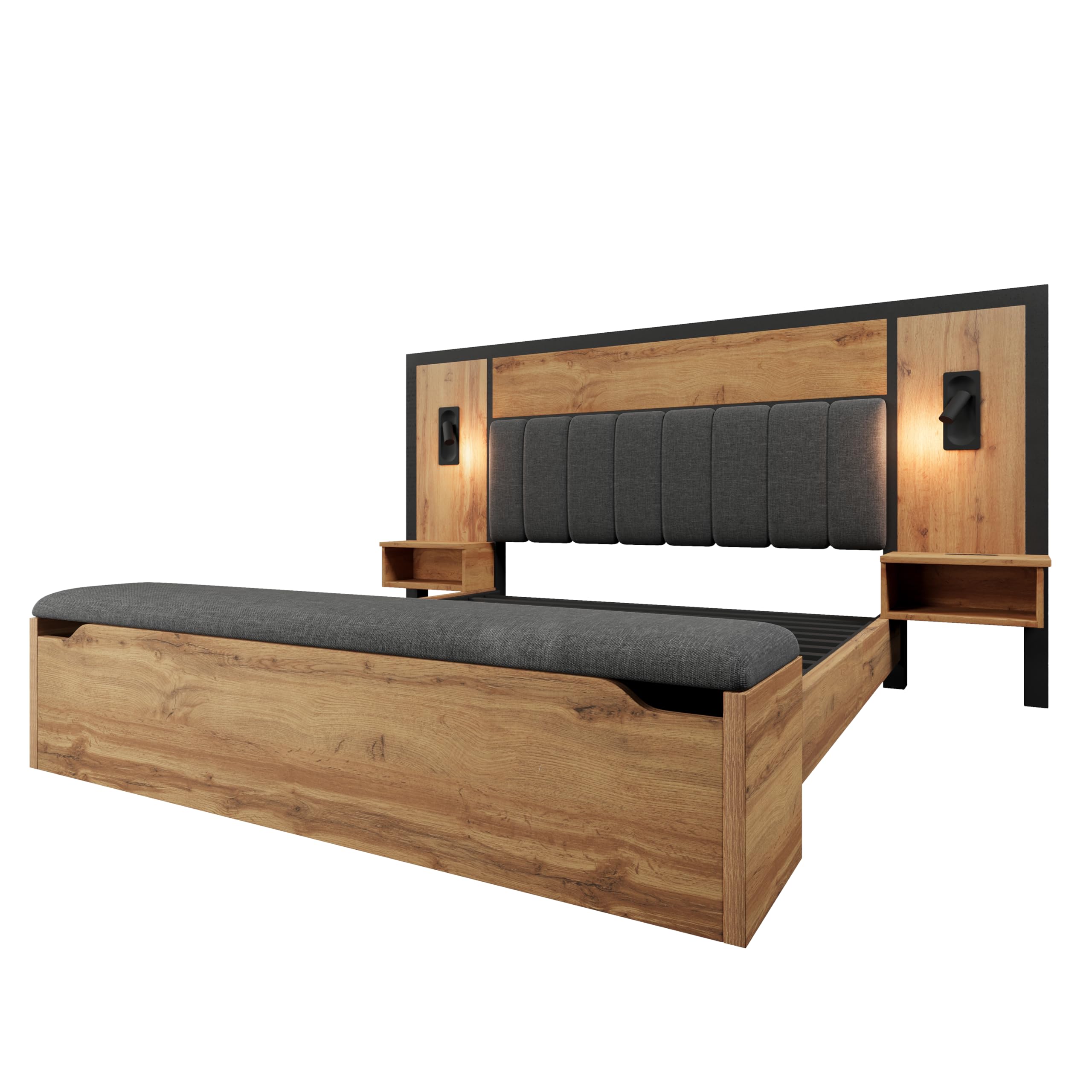 Kebnor Letto matrimoniale imbottito, letto con lampada da lettura e comodino USB C e panca con vano portaoggetti, struttura del letto con rete a doghe in metallo, legno e lino, rovere (senza materasso