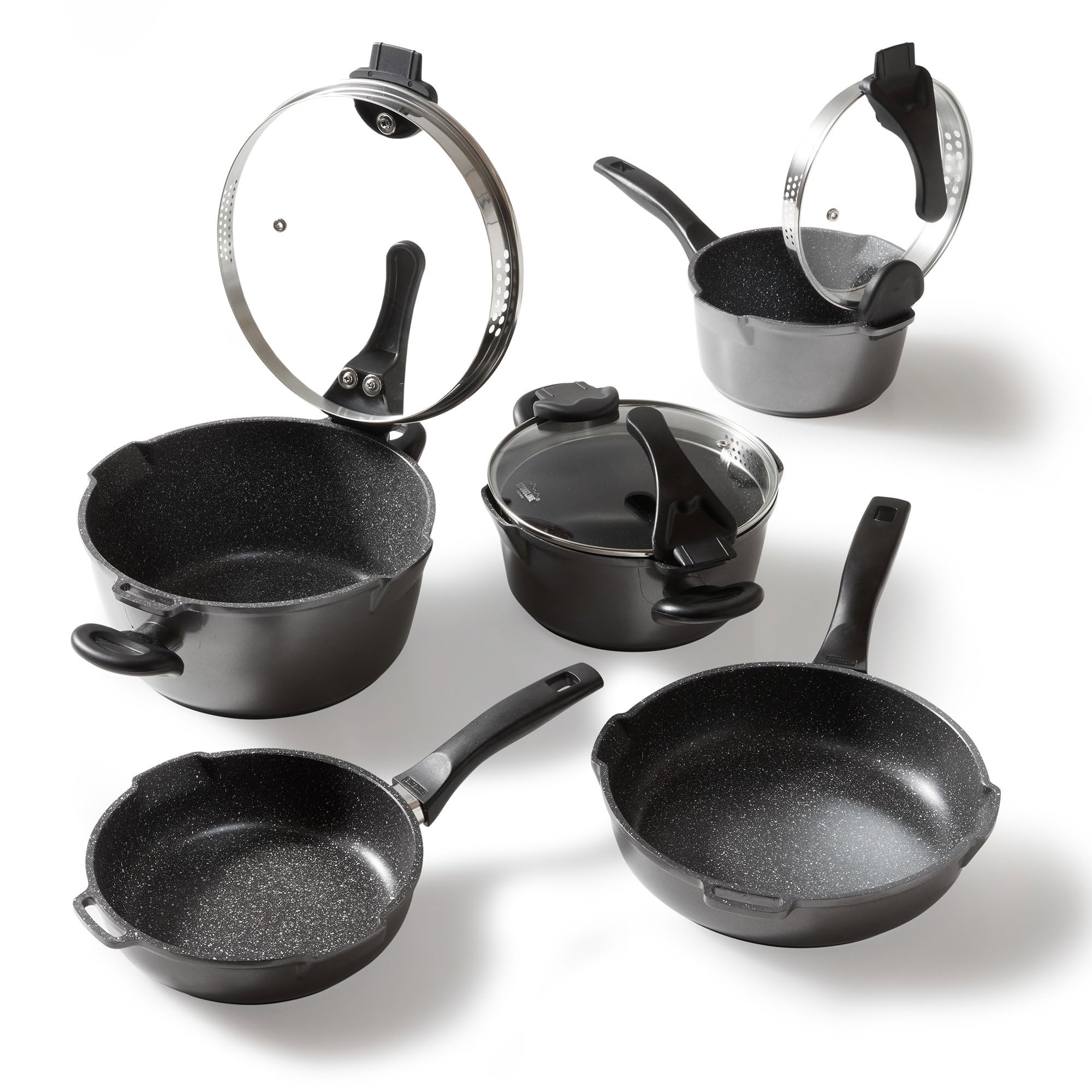 STONELINE Future Topfset Induktion, 8-teiliges Topfset mit Pfanne und Sieb Deckel, Kochtopf Set beschichtet mit echten Steinpartikeln, Aluguss Topf und Pfanne Induktion für alle Herdarten geeignet