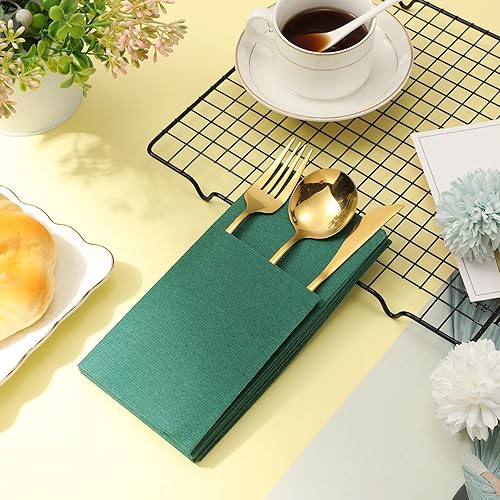 Miniatura 3 de 150 servilletas de papel de lino desechables Airlaid para cena, toalla de mano preplegada para invitados con bolsillo integrado para cubiertos para