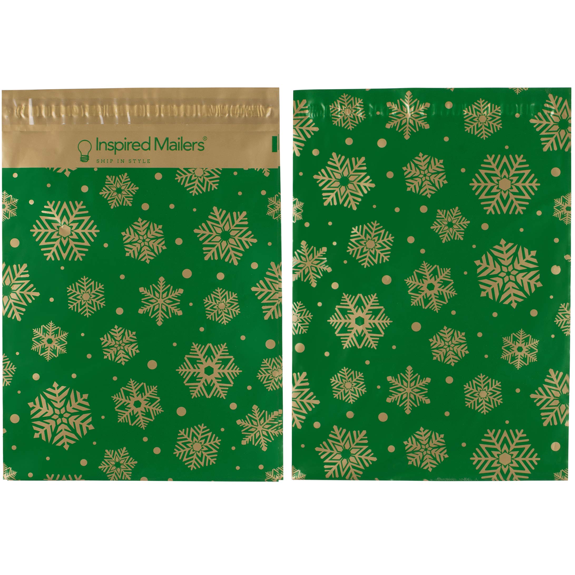 Inspired Mailers - Poly Mailers 14,5 x 19-50 sztuk - złote płatki śniegu deluxe (zielone) - zimowe koperty wysyłkowe - duże torby pocztowe - torby do pakowania do wysyłki