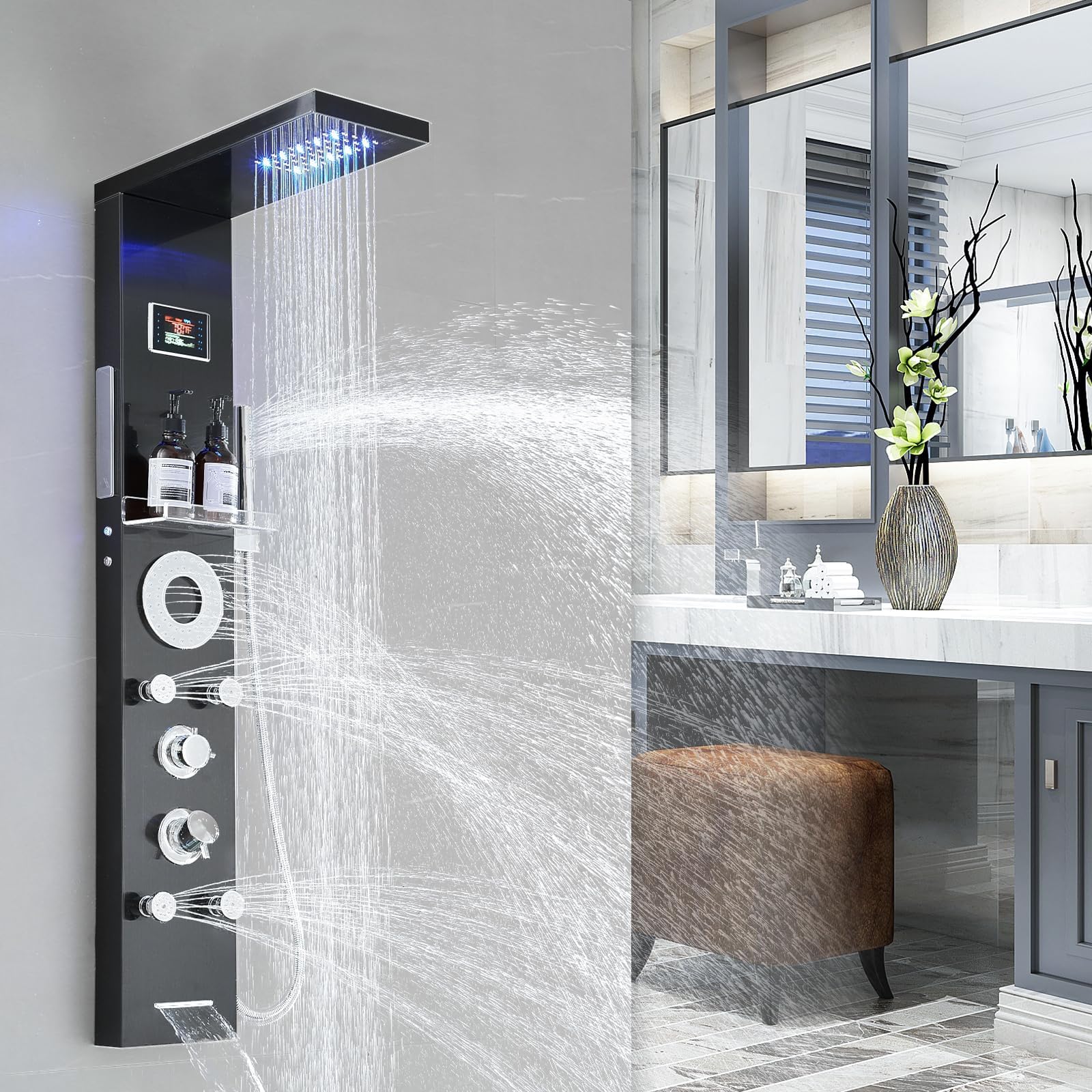 Matte Black Shower Panel Tower System, 5-Function Shower Faucet Set LED Light Rainfall Shower Head Digital Display with Massage Jets Tub Spout Shower Shelves, Stainless Steel, Wall Mount