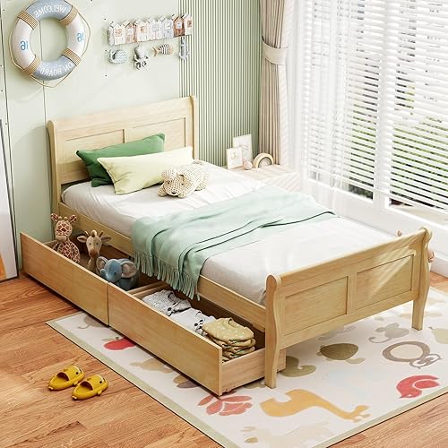 Giantex Twin Bed with 2 Storage Drawers, Wood Platform Bed with Headboard & Footboard, Wooden Slats Support Mattress Foundation, Twin Bed Frames for Kids Teens Adults, No Box Spring Needed (Natural)