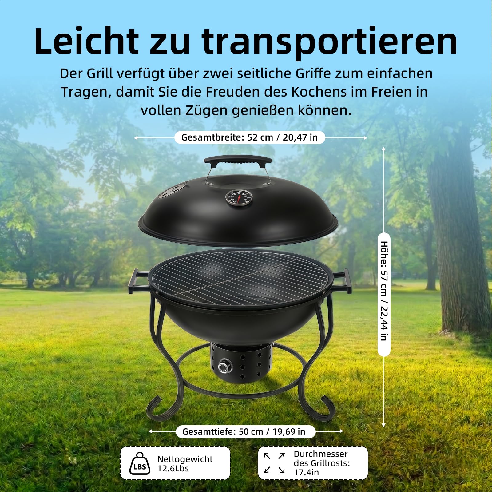 Tragbarer Holzkohlegrill mit Ventilator, Thermometer und regulierbarer Luftzufuhr, kompakter Kettle Grill für Camping, Picknick, Tailgating und Outdoor BBQ