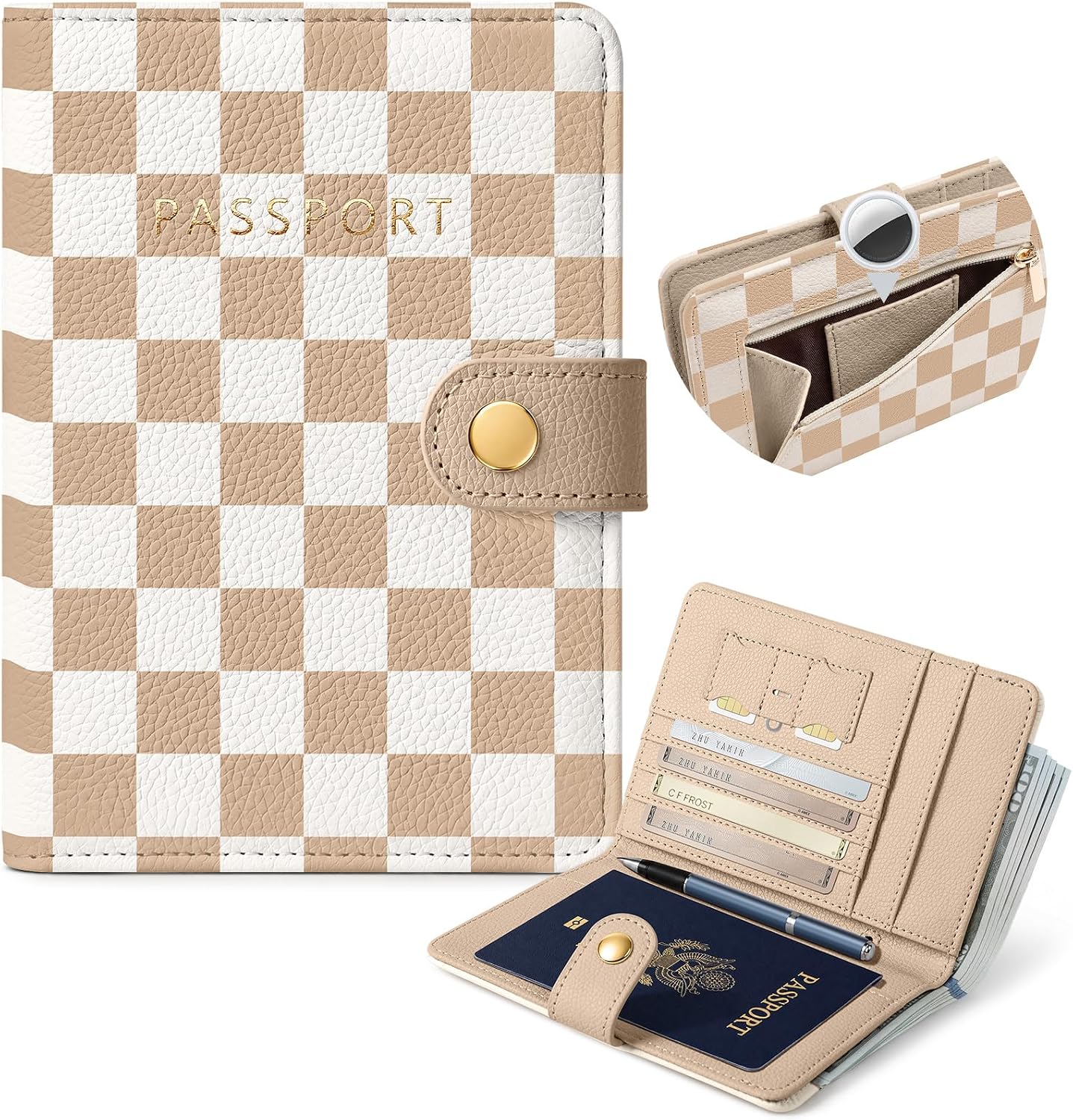 Slohif RFID Blocking Passport Holder, Hidden Tracker Slot Beige Checkered