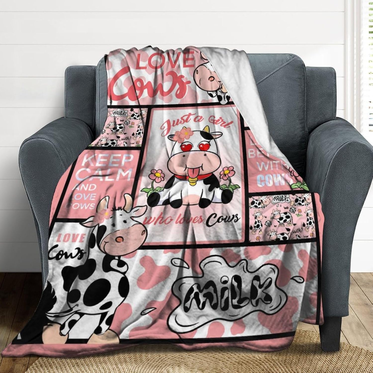 Cartoon Cow Throw Blanket Just a Girl who Loves Cows Blanket Cow Gift for Cow Lovers Cow Blanket for Girls Women Cartoon Cows Decor for Home Sofa Bed 40"x50"