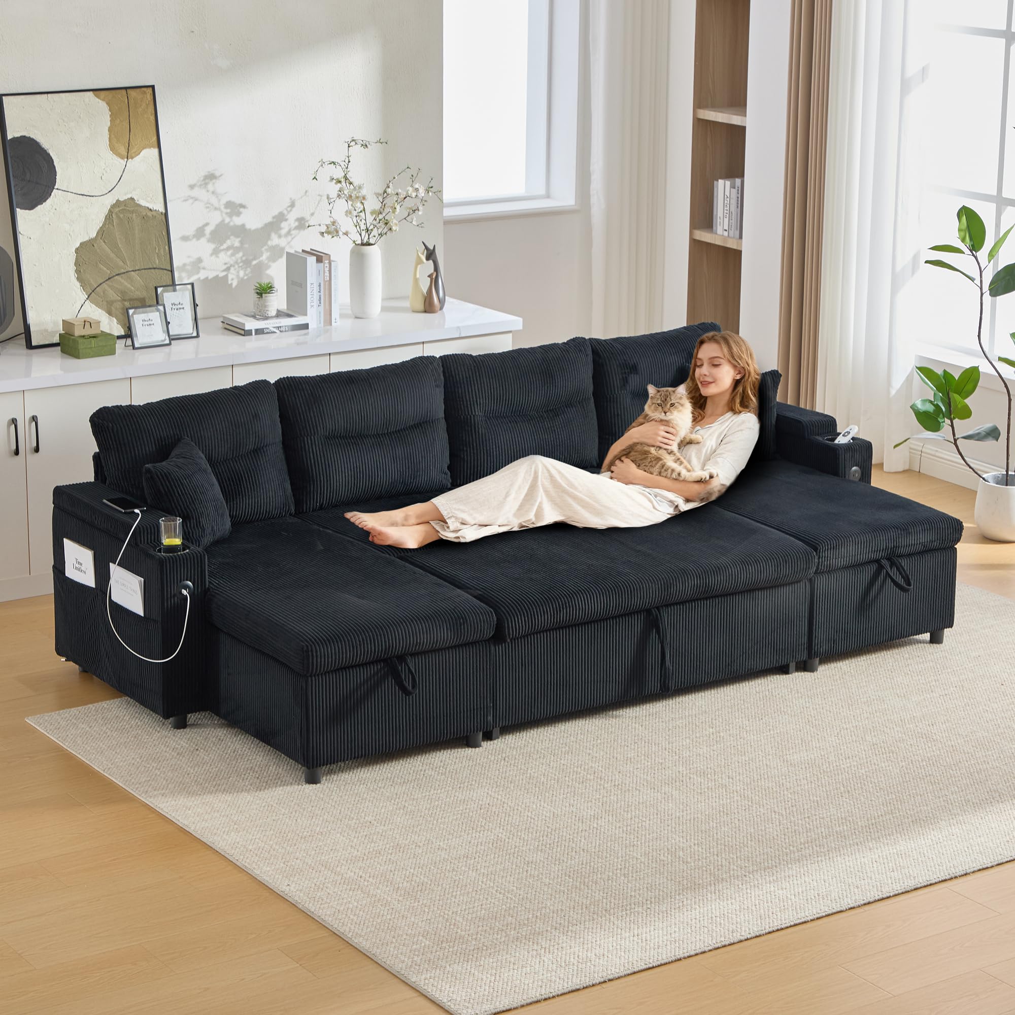 Canapé Convertible, Canapé lit modulable en U avec lit gigogne et méridienne de Rangement, canapé d'angle Convertible 2 à 4 Places avec 2 Porte-gobelets et Ports USB pour Salon