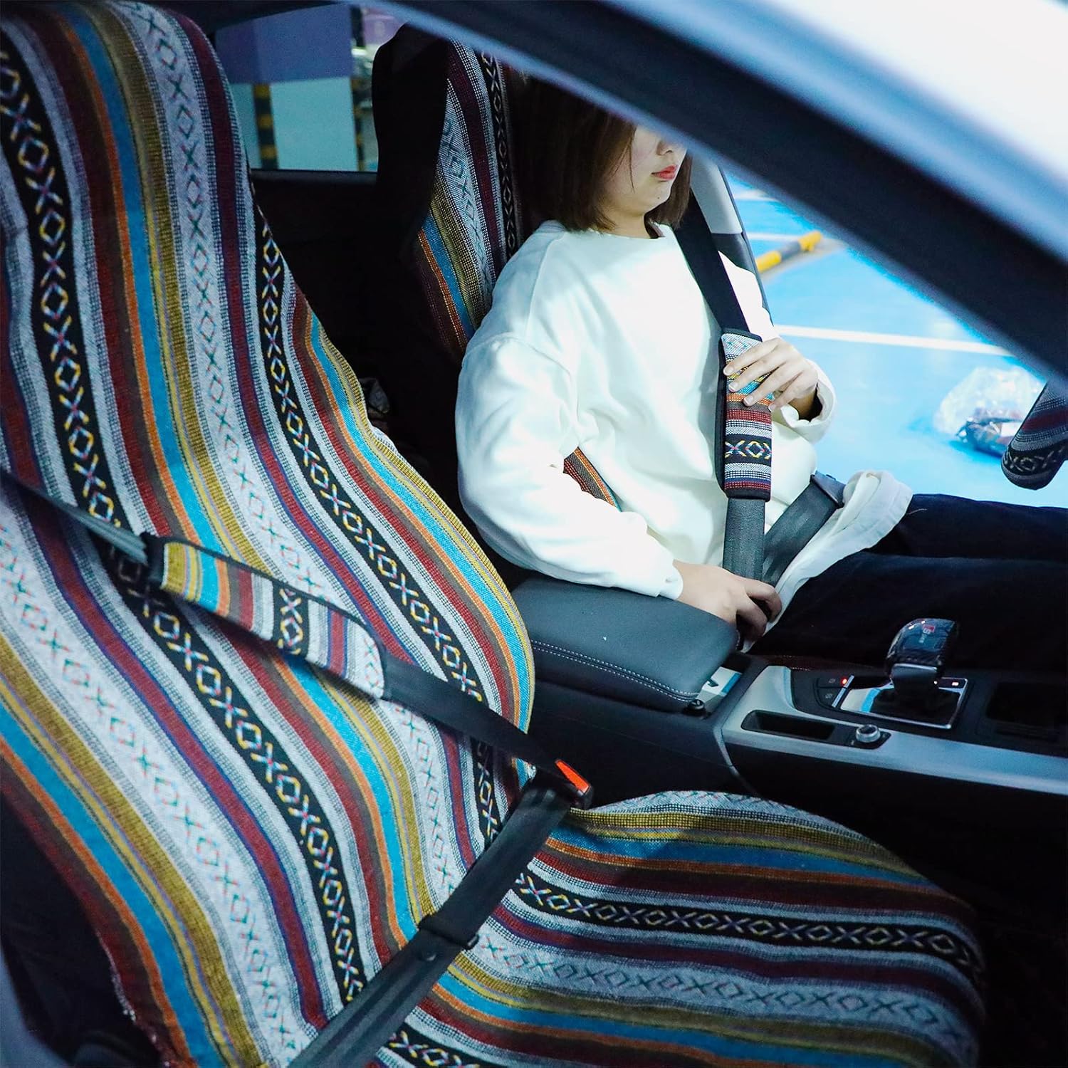 Frienda 14 Pcs Baja Car Seat Covers Full Set Multicolor Stripe Boho Print Steering Wheel Cover Seat Belt Cover Crystal Hanging Ornament Car Holders Fits (Stripe Style)