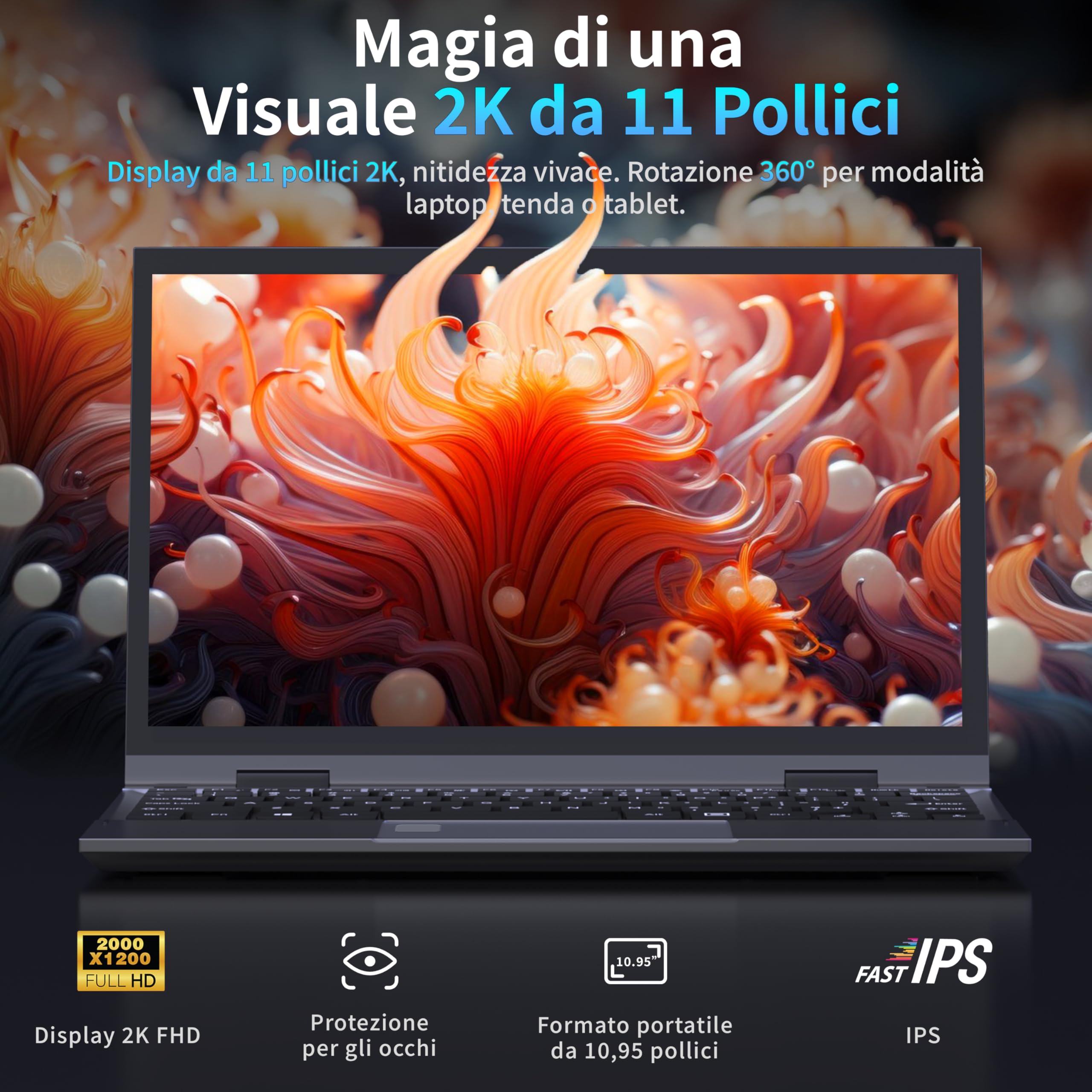 Amita Convertibile 2 in 1 11" FHD Touchscreen, Processore N95 12ª Gen (fino a 3.4 GHz), 16GB RAM DDR5, 512GB SSD, Porta Type-C, Rotazione 360°, Tastiera retroilluminata (Grigio, 512GB) - 3