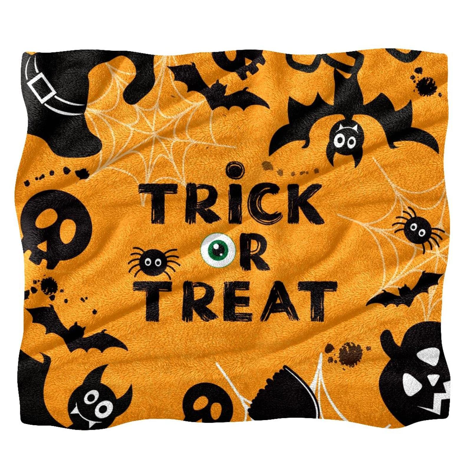 Couvre-lit Halloween orange moelleux - Couverture de lit citrouille et crâne pour chambre enfant