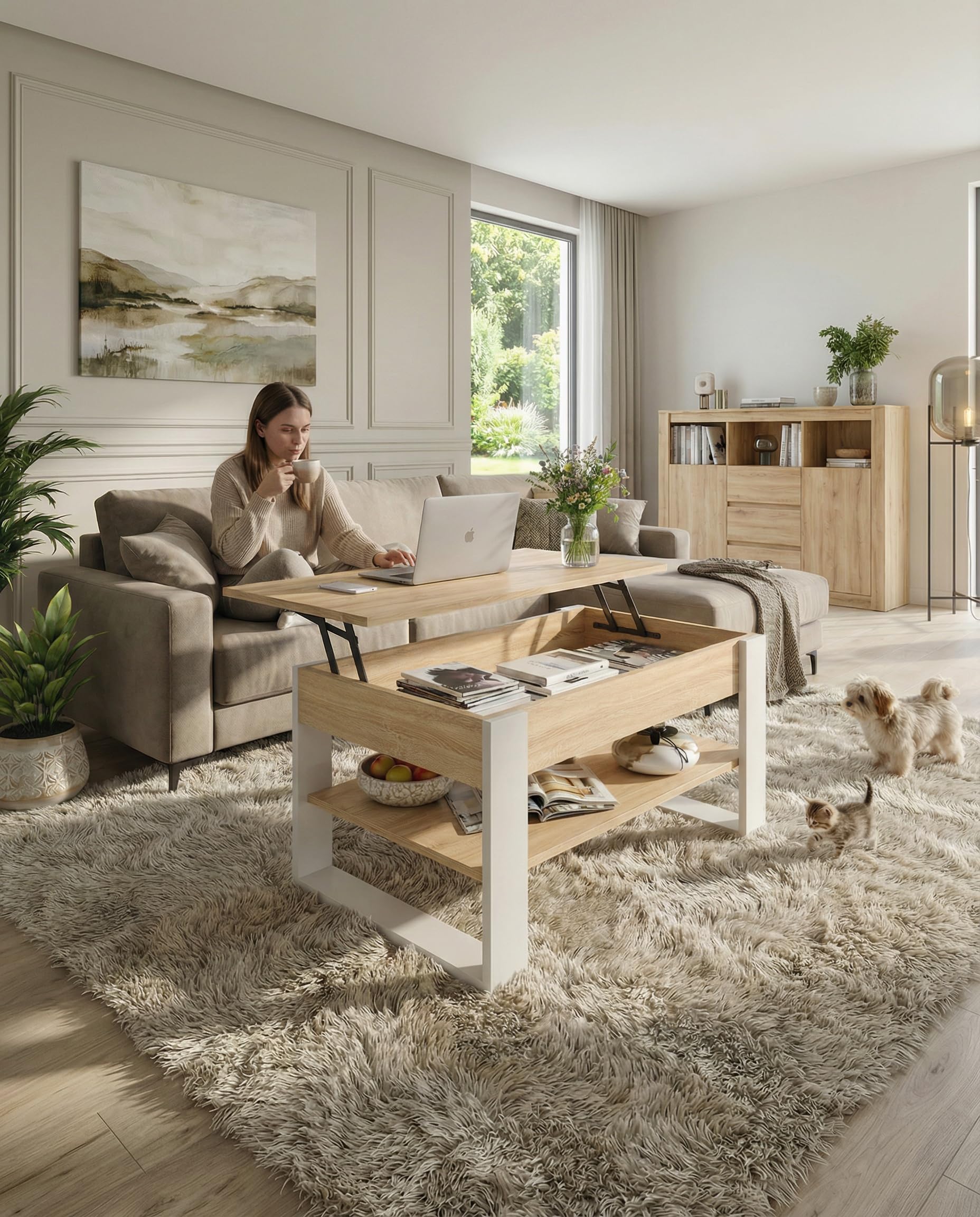 CraftPAK Mesa de Centro elevable con Almacenamiento – Mesa de Centro Plegable – Mesa de salón Ajustable en Altura – Coffee Table – Mesa de salón de Madera Color Blanco