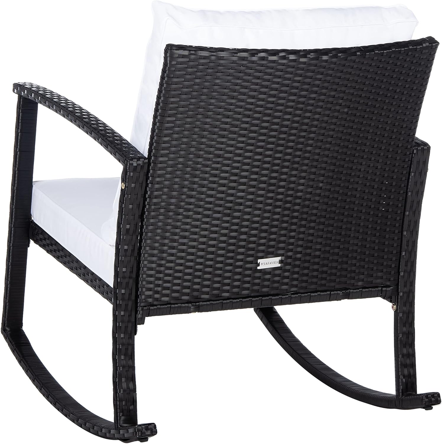 Breezy Black PE Rattan Rocking Chair with Plush White Cushions