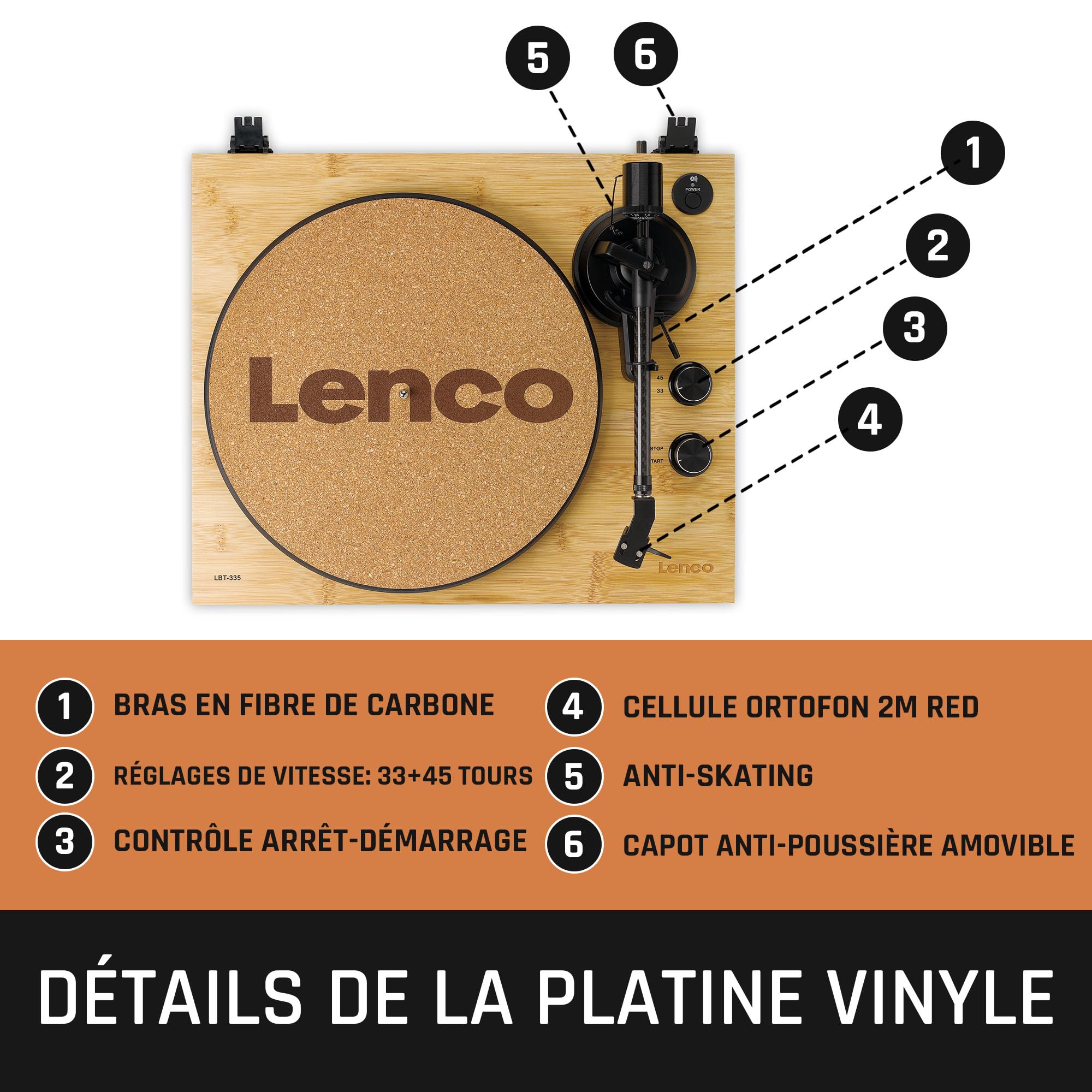 Lenco LBT-335BA Tourne-Disque avec Bluetooth®, boîtier en Bambou véritable et Micro 2M Red