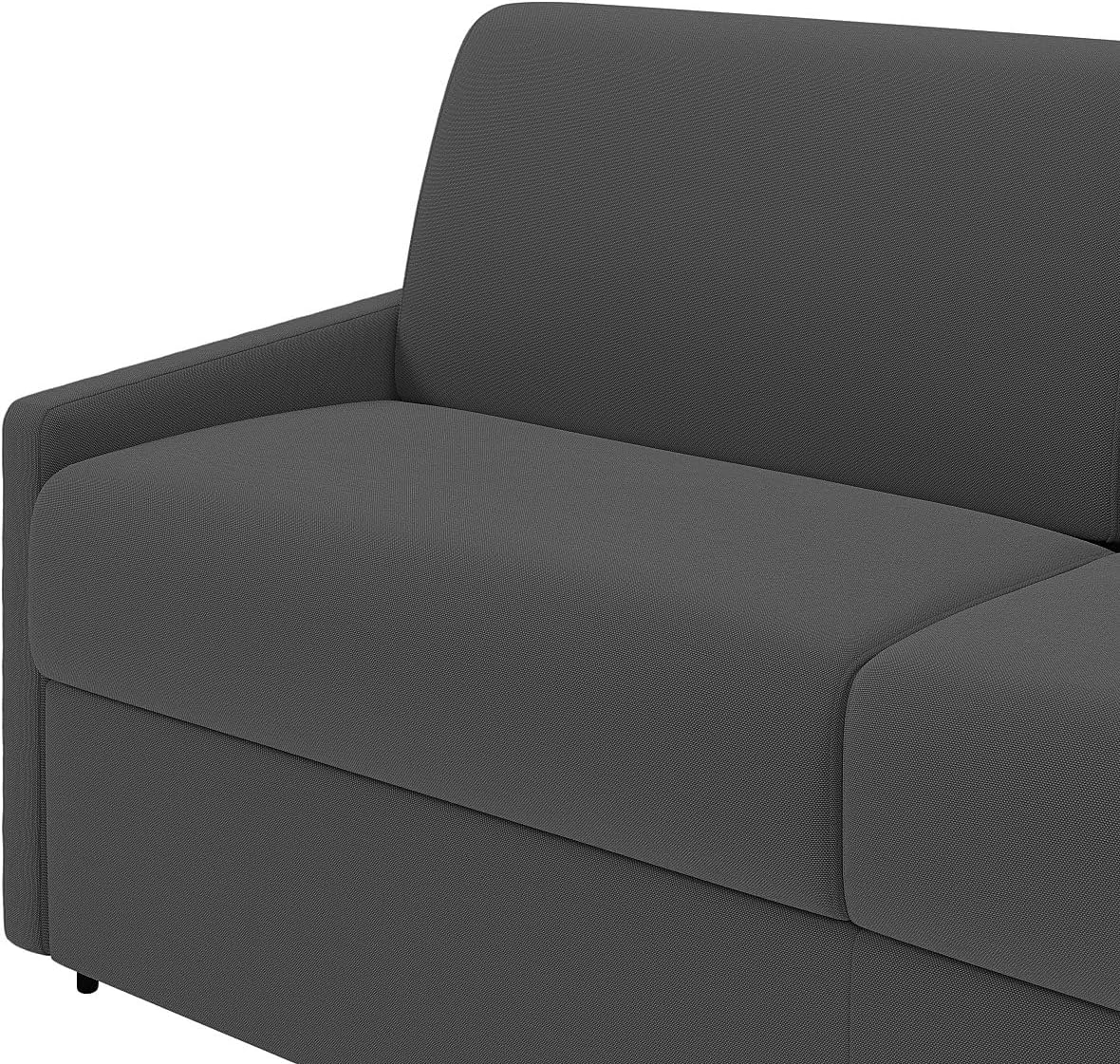 Close-up of the grey fabric upholstery on the sofa