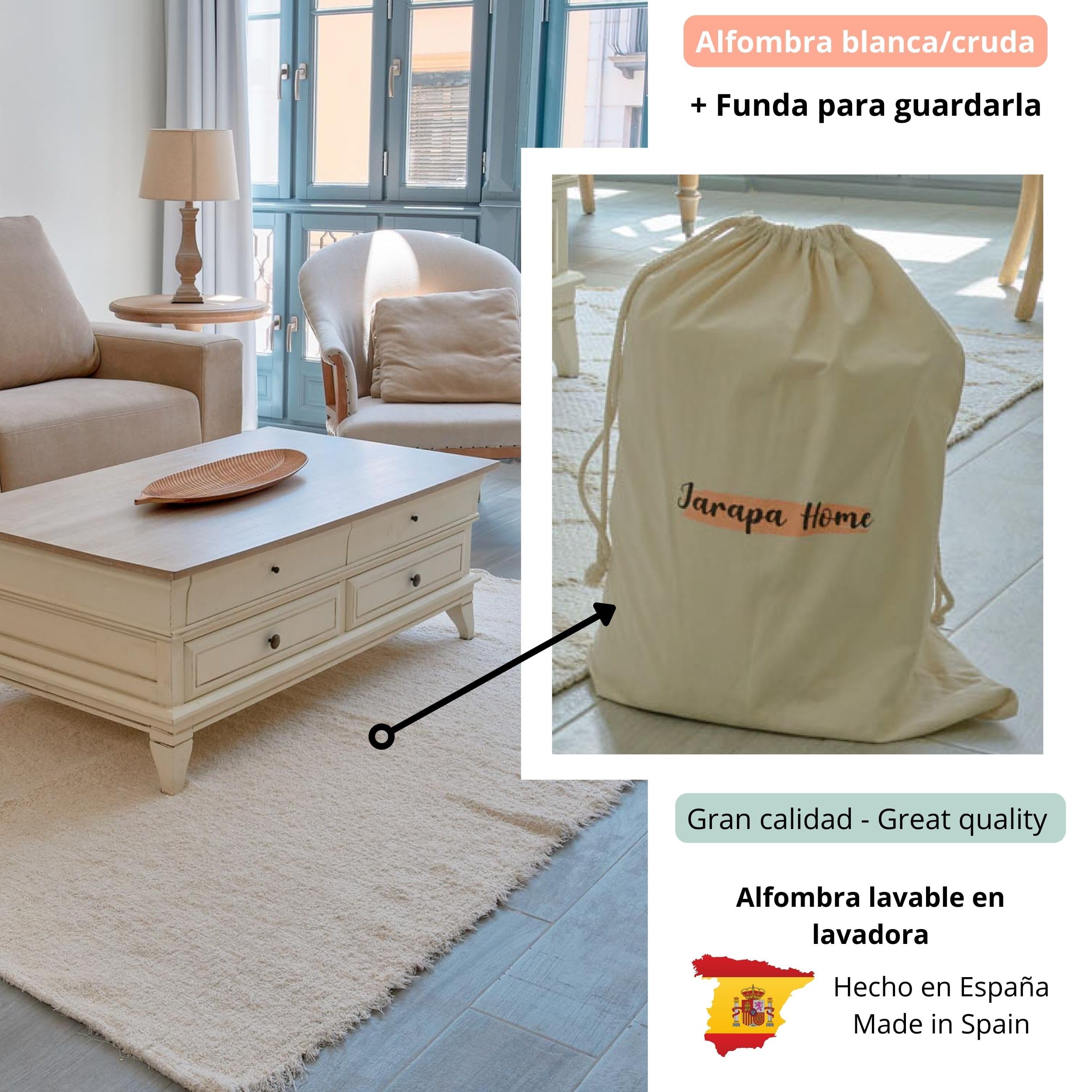 Jarapa Home Made with love Alfombra Blanco/Cruda Grande decoración de salón, Alfombra Dormitorio. Hecha a Mano con algodón, Pelo Corto, Suave y Lavable en Lavadora (140x200 cm)
