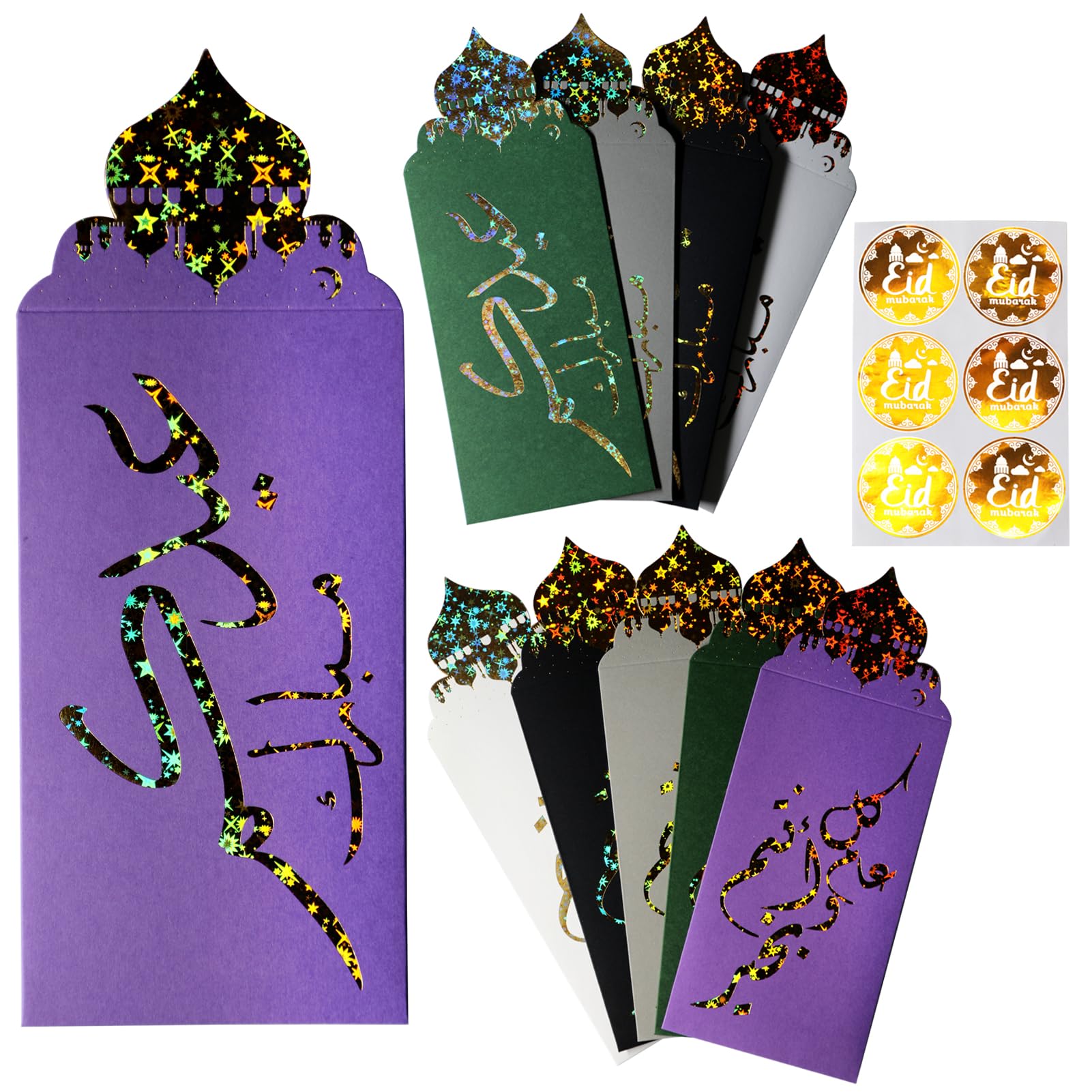 10 Pack Eid mubarak envelopes Embossed Envelopes Cash Gift Envelopes | Eidi envelope for kids | Eid Decor (Multi Color) (Light Pink) (Green)