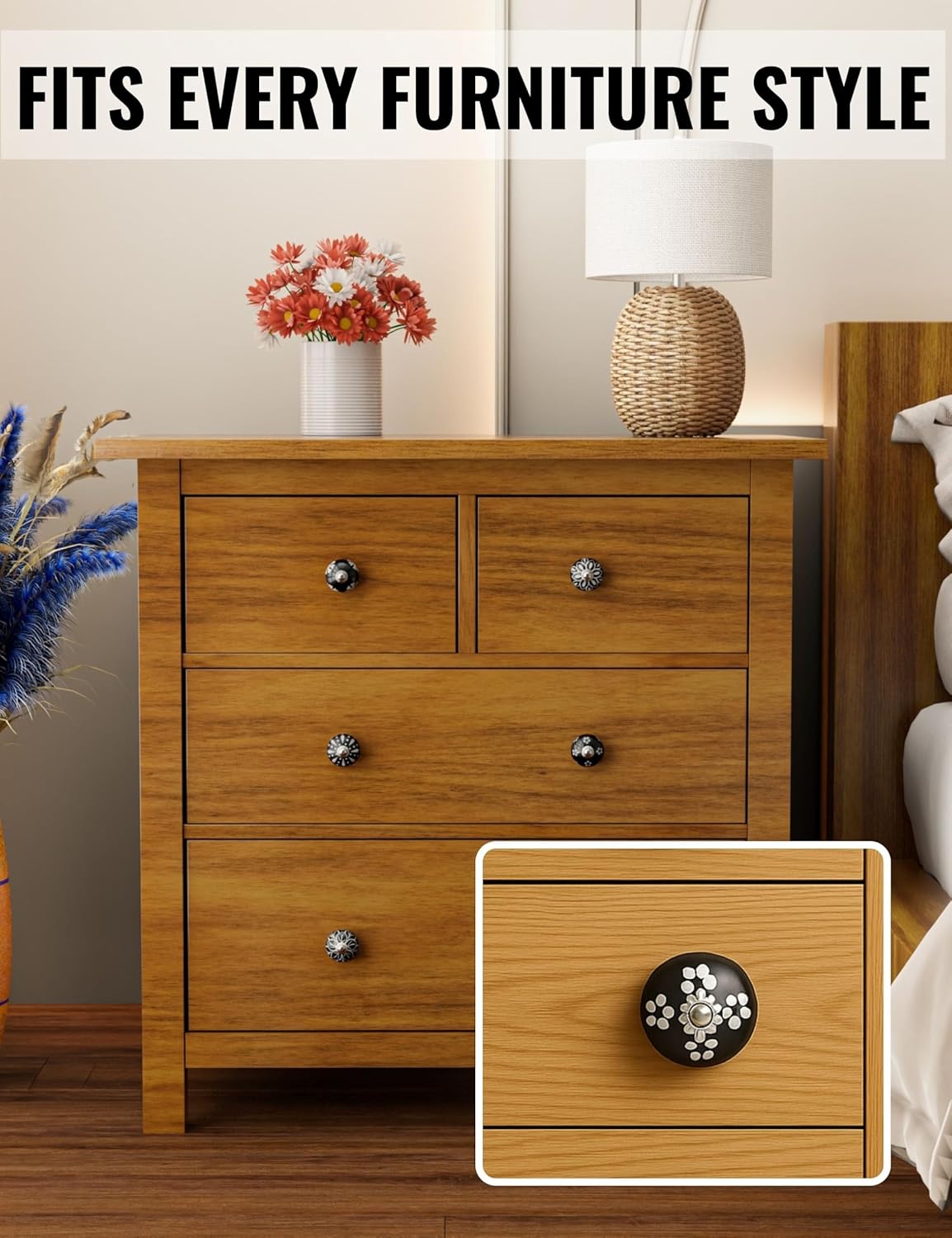 Ceramic Cabinet Knobs Black - Decorative Antique Drawer Pulls 12 Pack: Add Vintage Touch to Kitchen, Bedroom and Farmhouse - Boho Cabinet Knobs