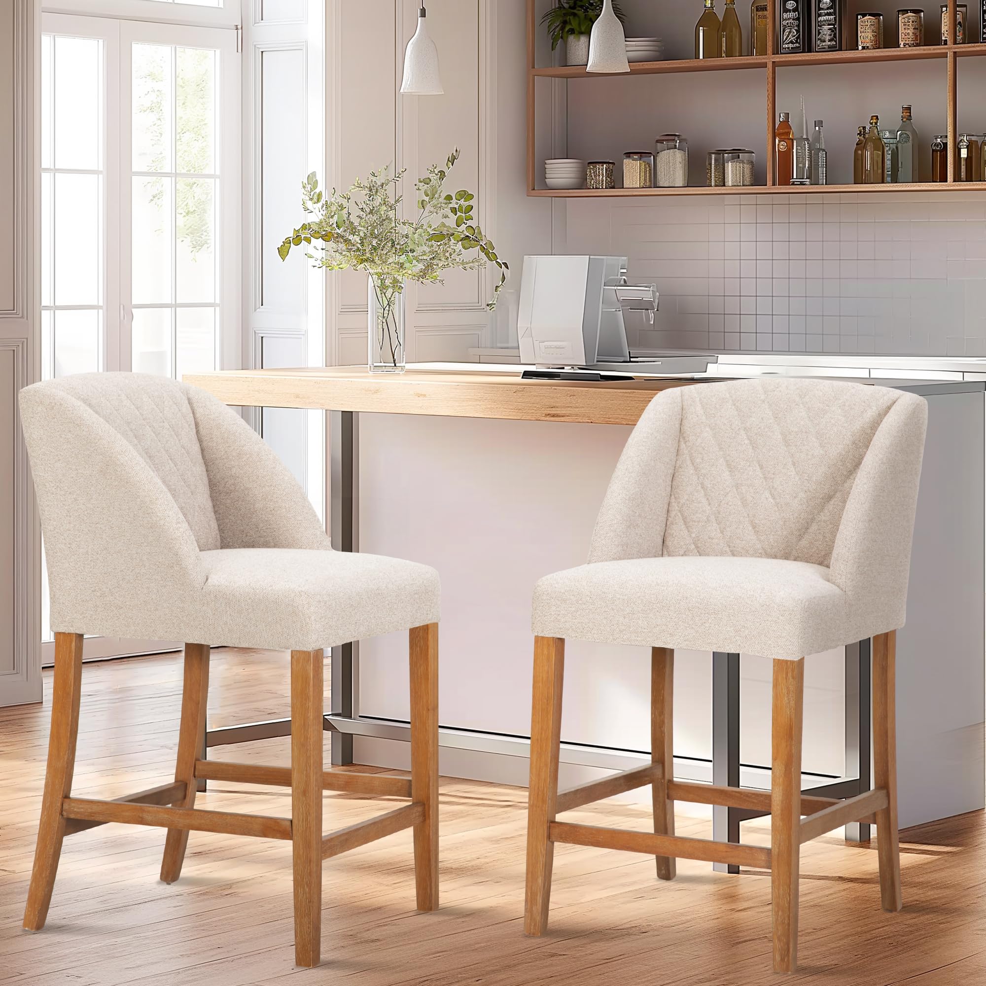 MAISON ARTS26" Counter Height Bar Stools Set of 2, Linen Fabric Barstools with Back Modern Upholstered Bar Stools Solid Wood Legs Farmhouse Bar Chairs for Kitchen Counter (Beige)