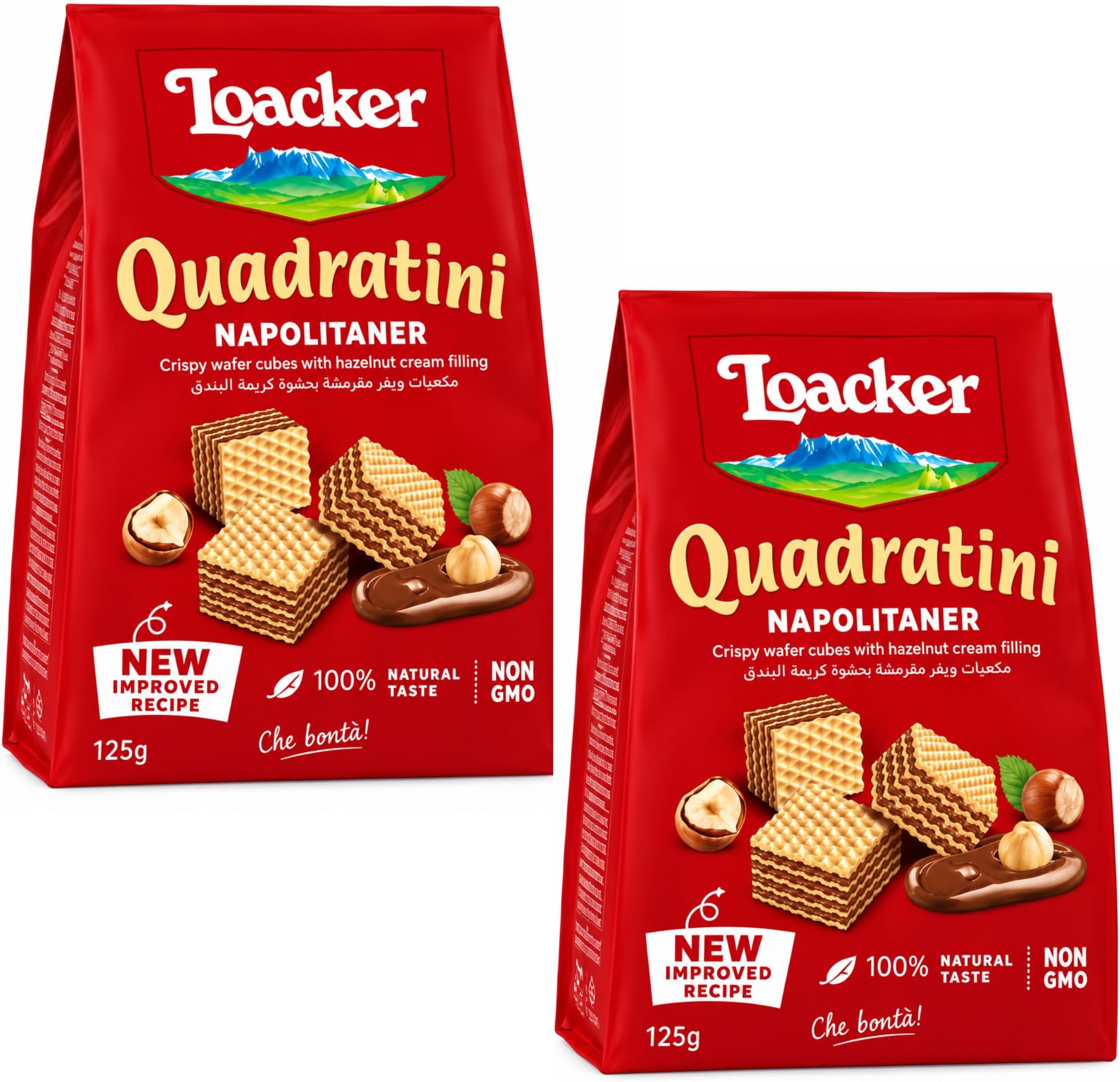 Quadratini Wafers, Bite Size Crispy Italian Wafer Cubes, 125g (Promo Pack of 2) Packaging may Vary