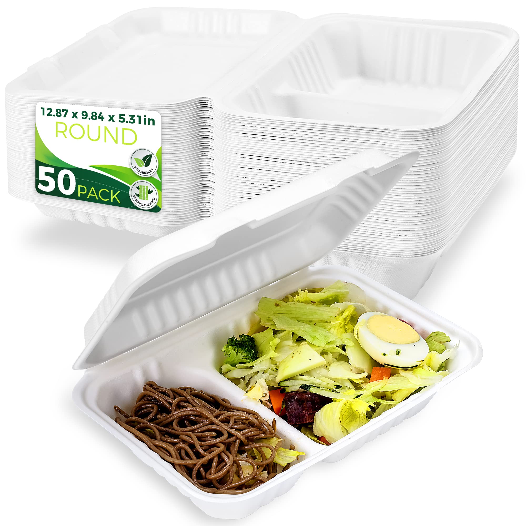 50PACK Clamshell To Go Containers (2 Compartment - 9”x6”), Heavy Duty Disposable Take Out Containers with Lids, 100% Composatble Made of Plant Fiber