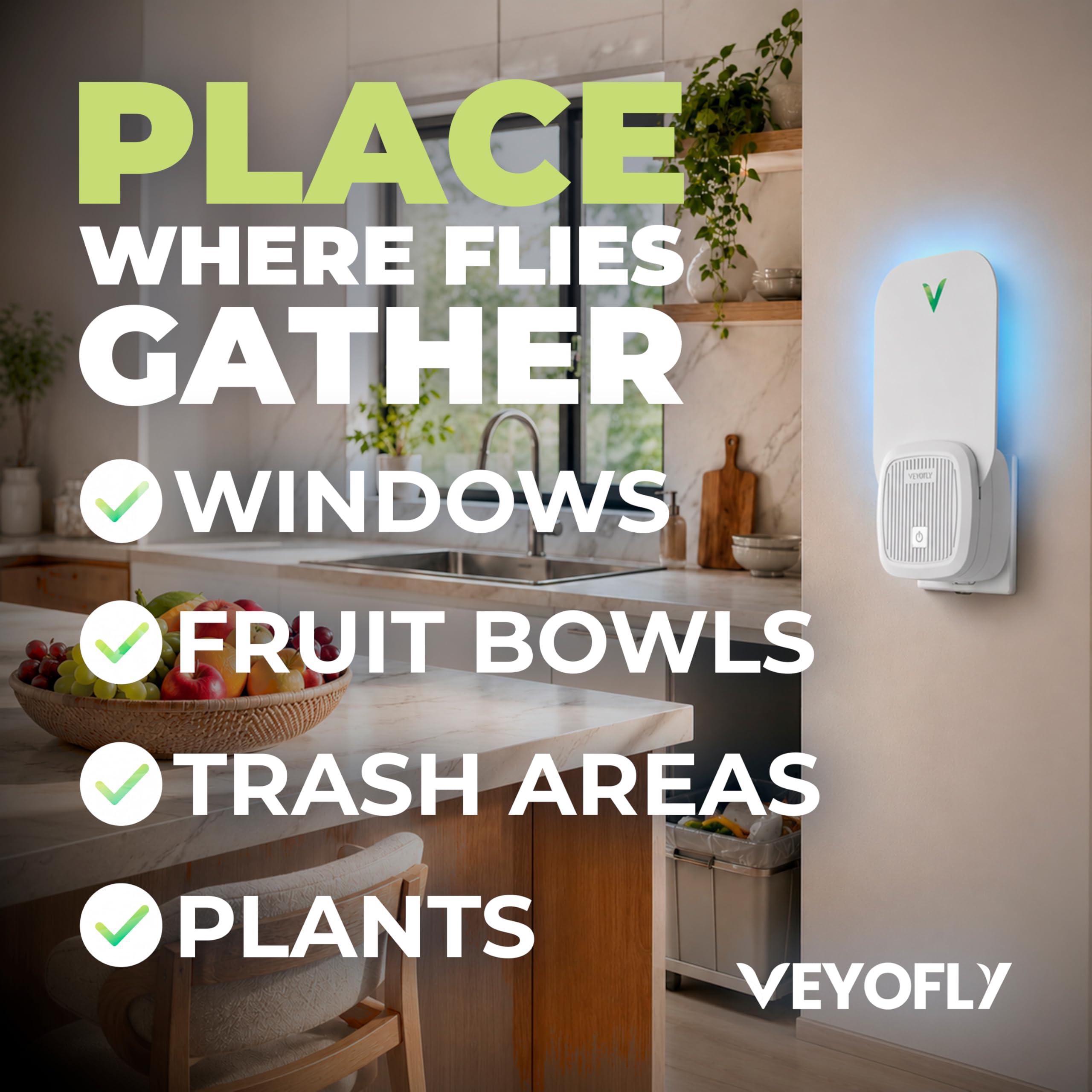 VEYOFLY Fliegenfalle UV, Fruchtfliegenfalle, 4 Geräte + 8 Nachfüllungen | UV-Licht lockt Insekten auf Wechsel-Klebekarten, leise 24/7, Stecker, Innenbereich, ohne Insektenvernichter Elektrisch