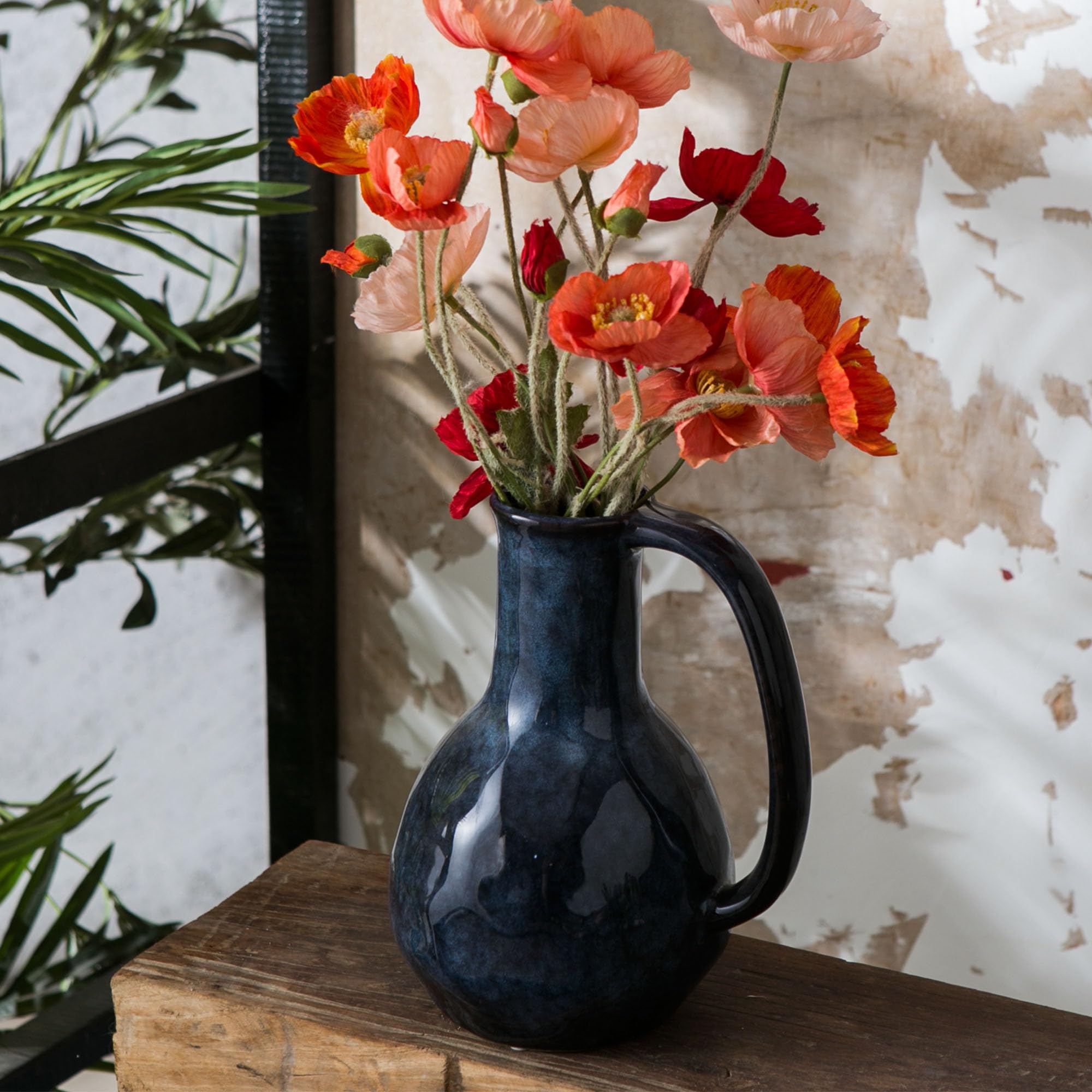 Blue Modern Ceramic Vase, Farmhouse Decor Vase, Rustic Vase for Home Decor, Pottery Vase with Handle for Living Room, Bedroom, Kitchen, Centerpiece