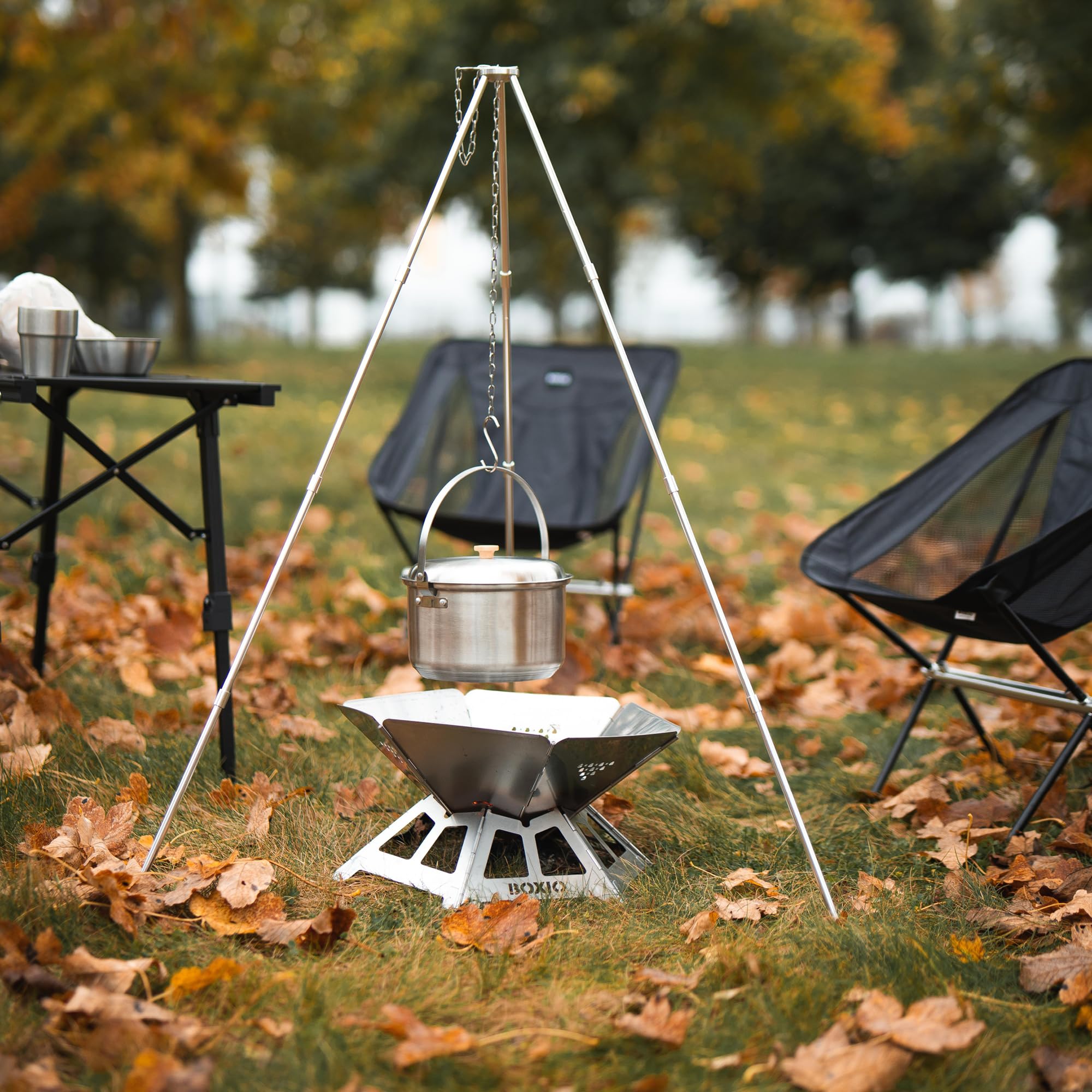 BOXIO - Fire : brasero en acier inoxydable avec grille de cuisson – Cheminée octogonale d'extérieur et barbecue de camping, petit brasero avec protection contre les étincelles, mini tonneau à feu et