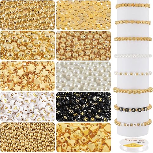Miniatura 1 de Whaline Kit de fabricación de cuentas de 1500 piezas, 3 tamaños, cuentas espaciadoras redondas doradas, cuentas de perlas blancas, bola dorada,
