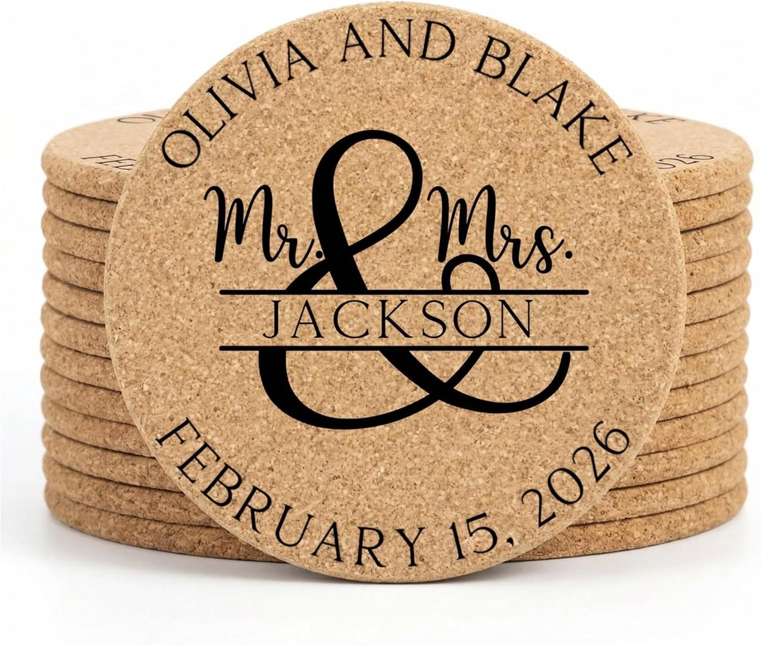 Set of 30-100 Personalized Cork Coasters | Monogrammed Mr & Mrs Wedding Coaster Favors | Custom Engraved Cork Coaster Set | CC104