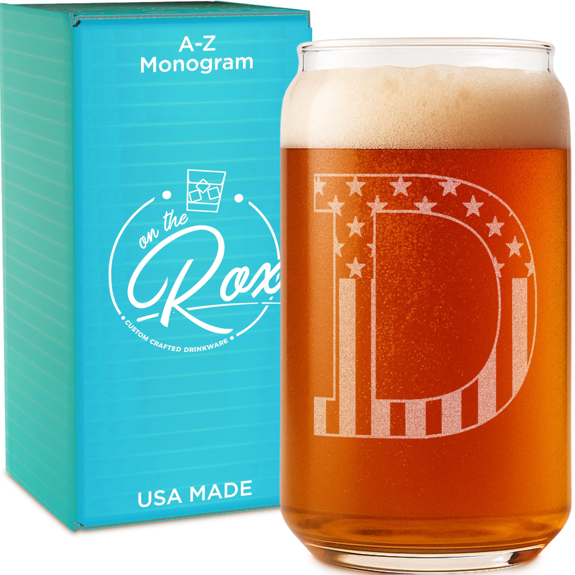 On The Rox Monogram Beer Glasses for Men (A-Z) 16 oz - Personalized Engraved Beer Gifts for Him - Groomsmen Gifts Brother in Law Dad Son Coworker - Unique USA Made Dishwasher Safe Pint Glass (D)