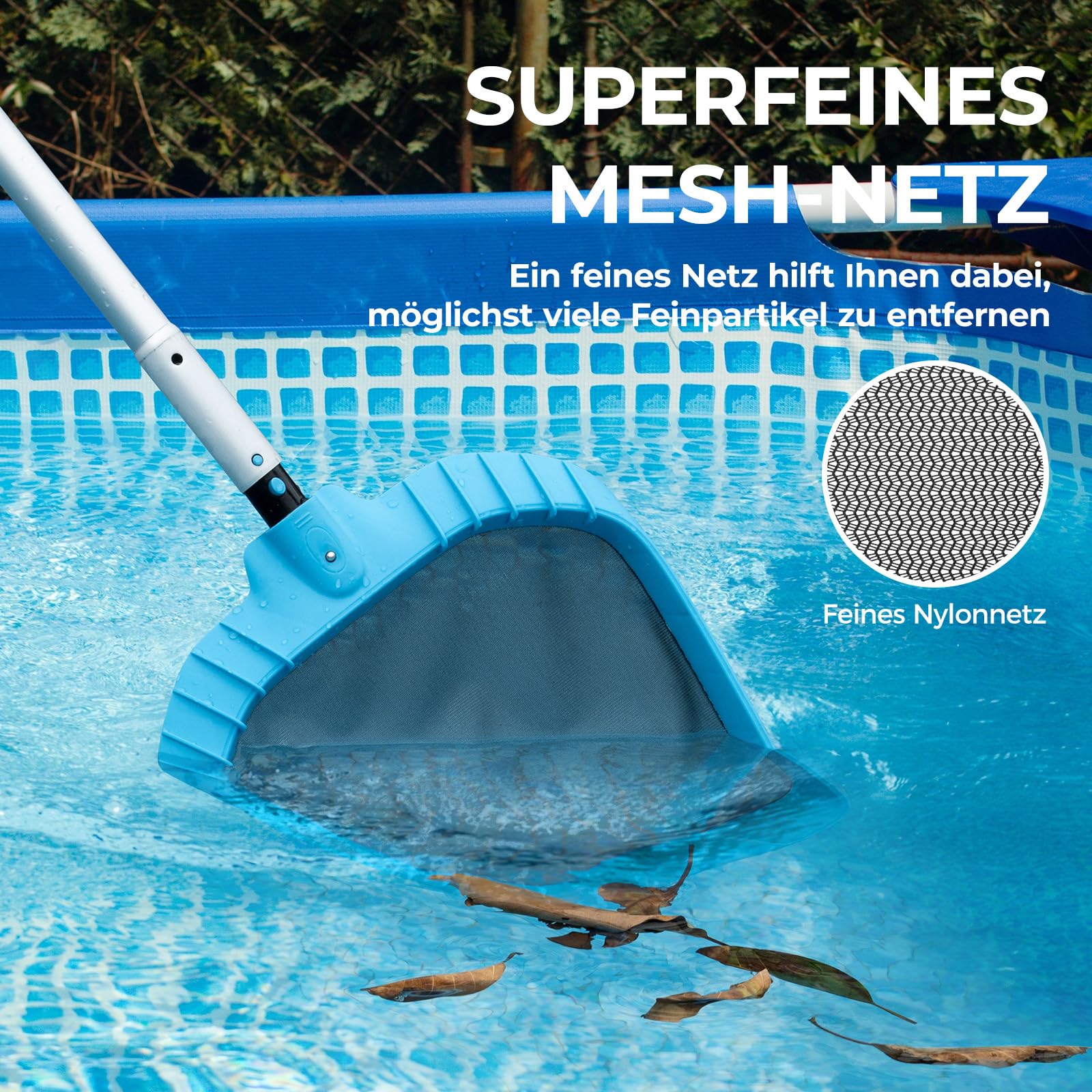Mowend Pool Kescher, Groß Oberflächenlaub poolkescher mit langlebigem verstärktem Kunststoffrahmen für alle >29 mm Teleskopstangen, Poolreinigung Pool Kescher ohne Teleskopstange