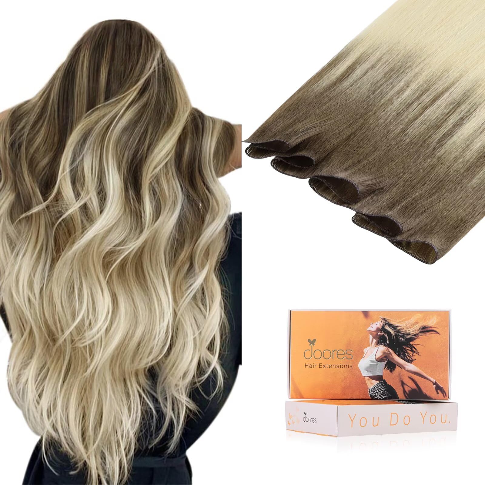 DOORES Hair Extensions Genius Sew in Weft Remy Hair Extensions, 18 Inch Ombre Ash Brown to Platinum Blonde 50g, Straight Virgin extension
